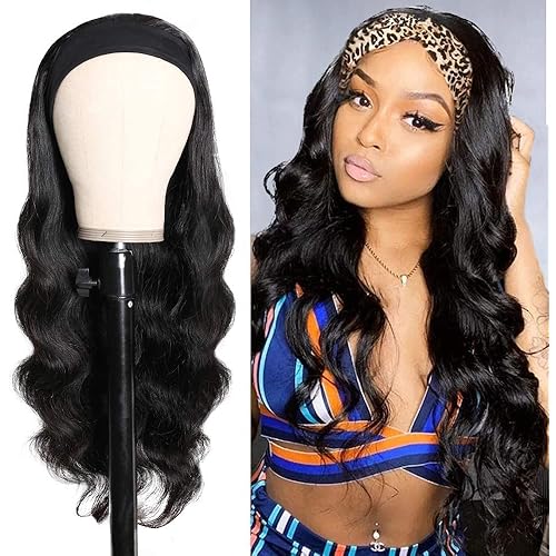 Headband Wig Human Hair Wigs for Black Women Human Hair Headband Wig 18 Inch Body Wave Wet and Wavy Wig Glueless Human Hair Wig Machine Made None Lace Front Wig Natural Color 150% Density
