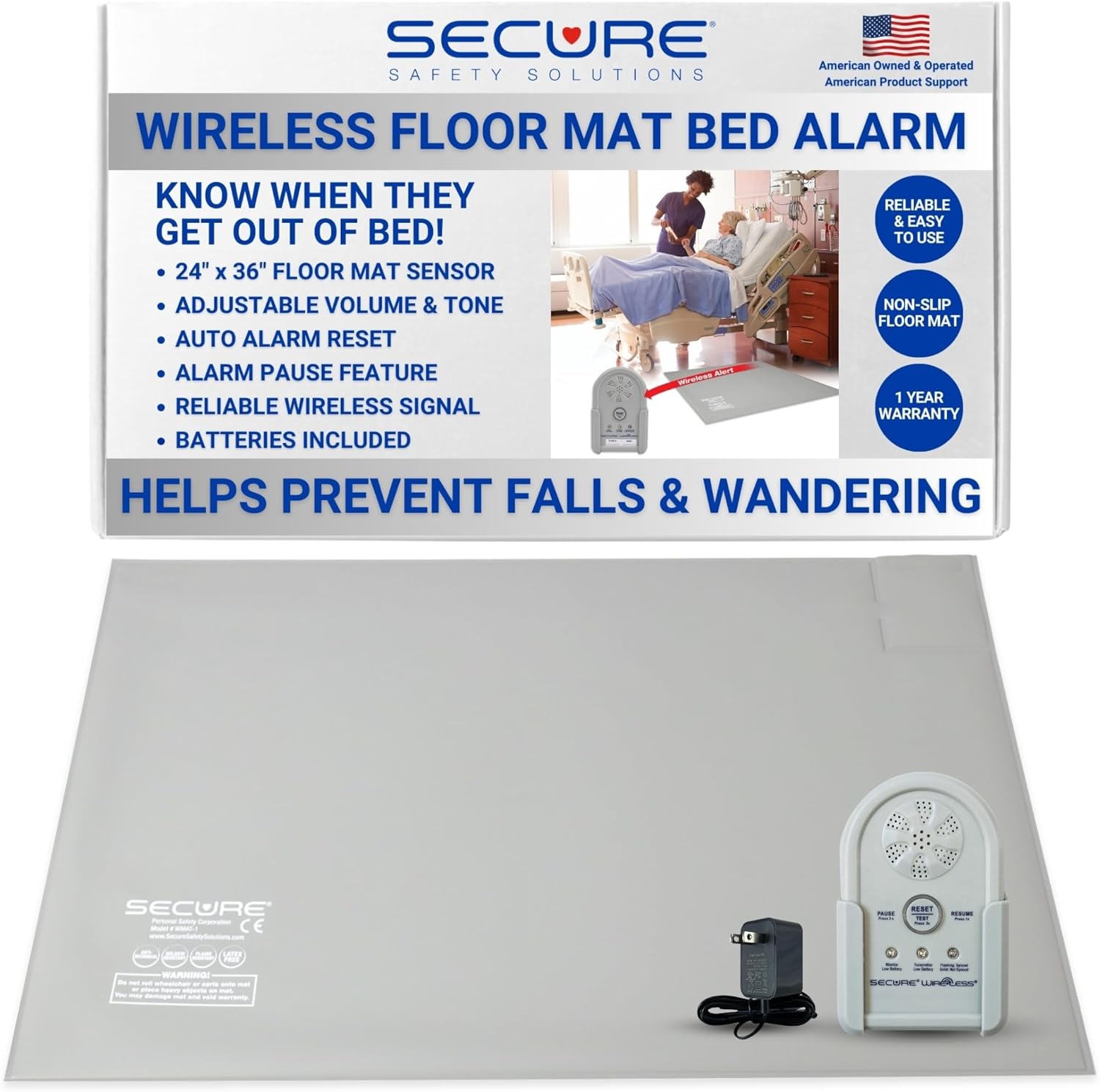 Secure Safety Solutions Bed Alarm for Elderly Adults Fall Prevention - 24x36 Floor Mat Sensor, Cordless Monitor, Power Adapter - No Noise in Room - Caregiver Alert System for Elderly Dementia Patients