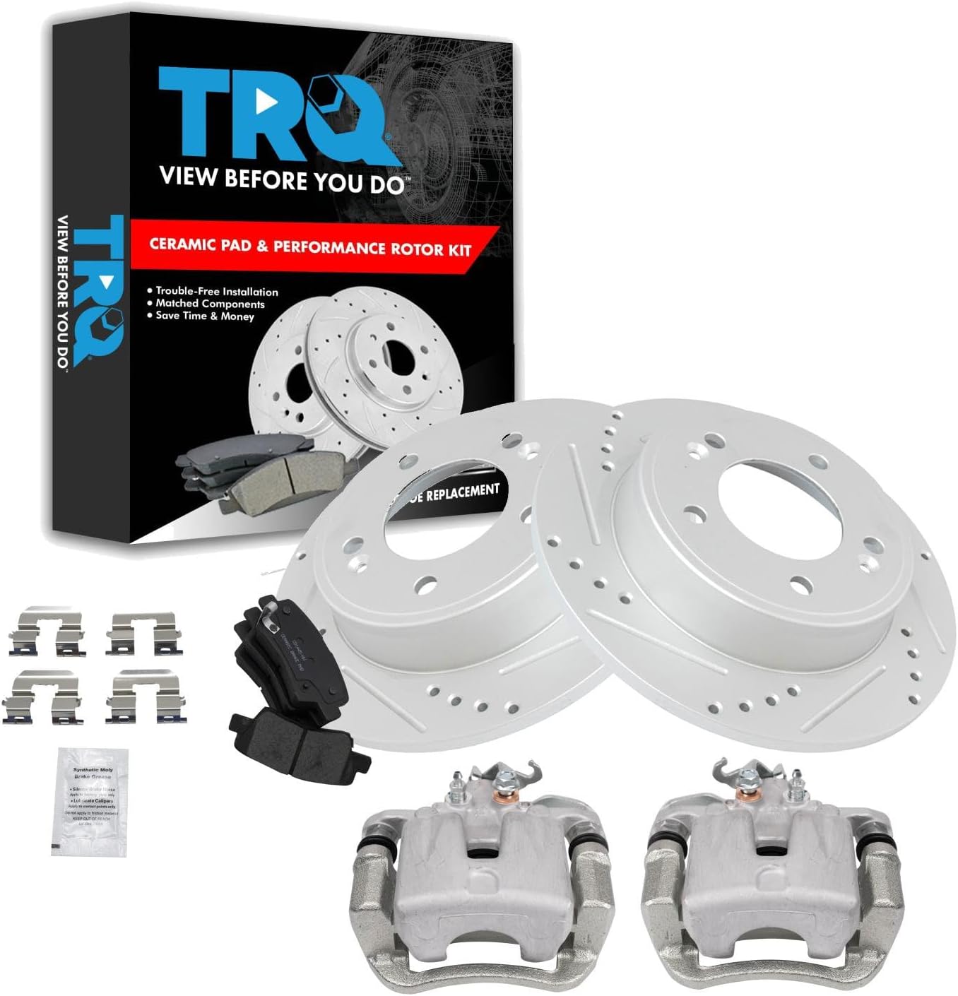 TRQ Rear Brake Pad and Rotor Set Ceramic Solid Rotors Calipers Compatible with 2014-2016 Kia Soul