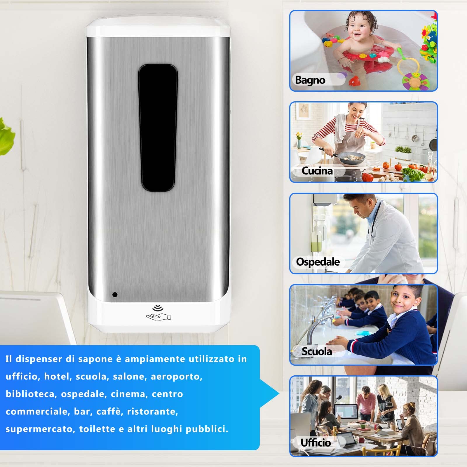 Dispenser di Sapone a Parete 1000ml, Commerciale a Dispensatore Manuale di Sapone automatico Gel Dispenser Pompa per Azienda, Scuola, Ospedale, Acciaio Inox