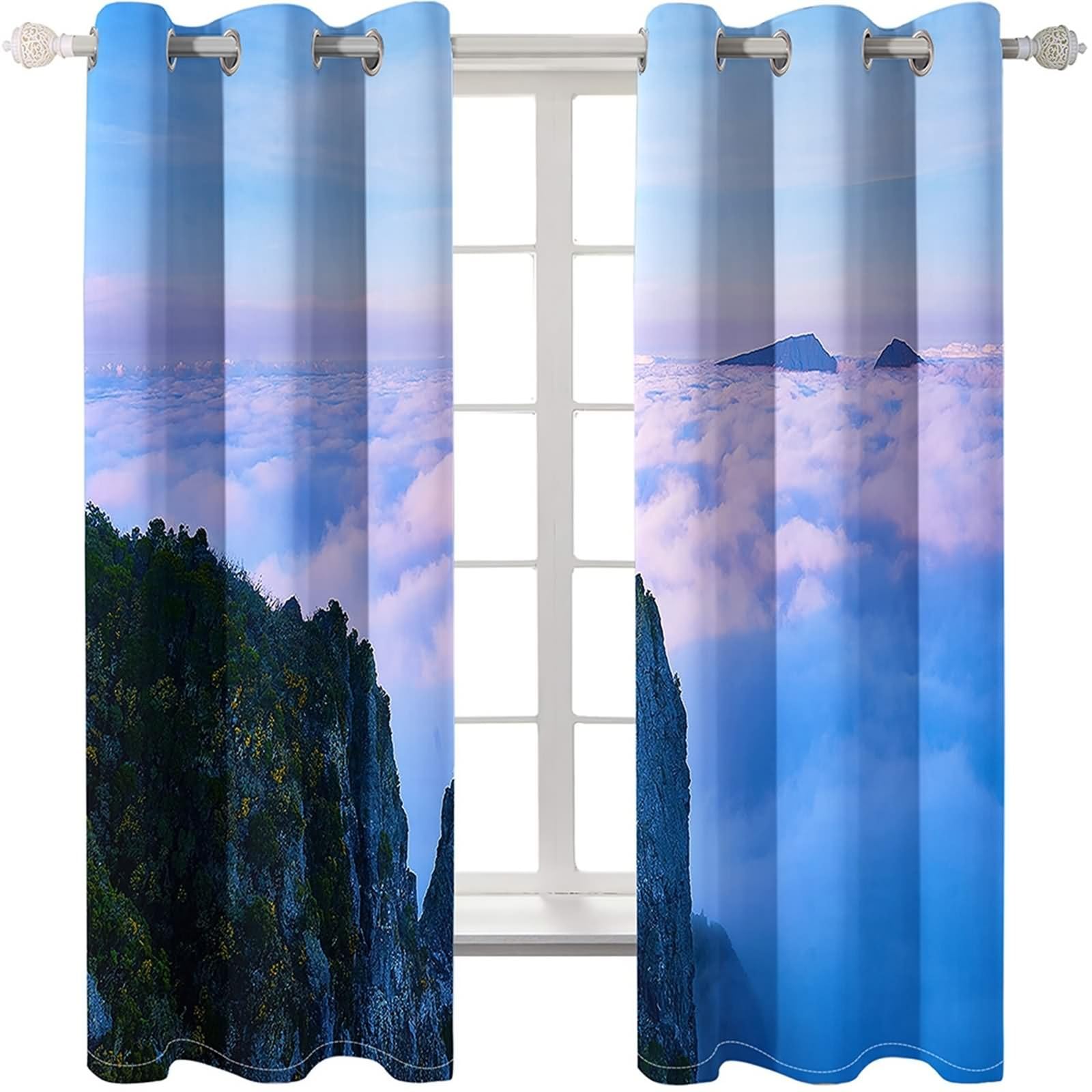 Rideaux Fenetre Occultant, Rideau Chambre Adulte Boheme Noir Blanc Gris Ciel, Nuages et Montagnes Polyester Lot de 2 204x214cm