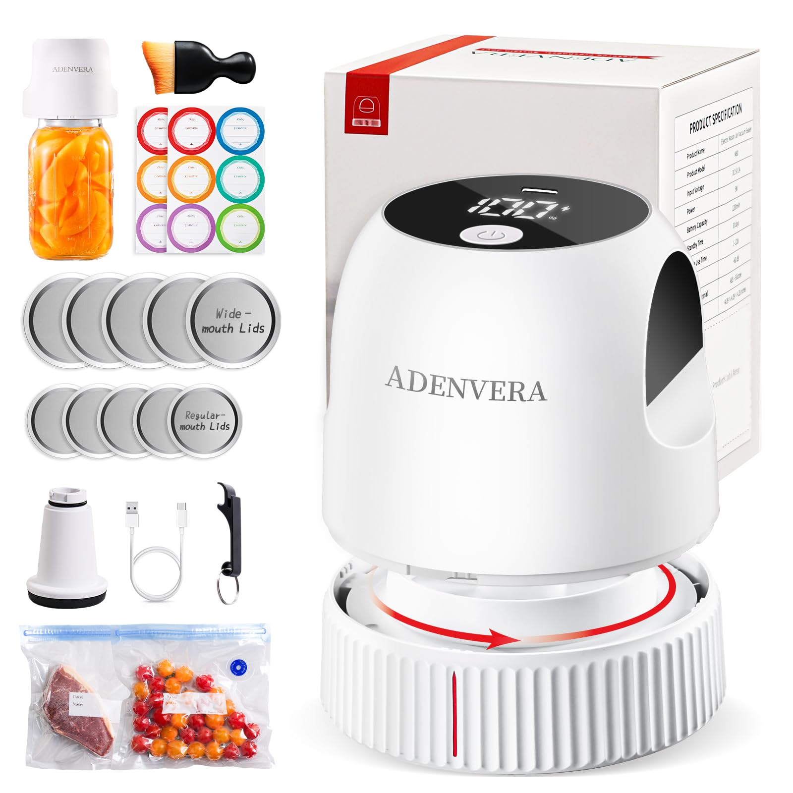 ADENVERA Electric Mason Jar Vacuum Sealer Kit - Auto Stop Jar Sealer for Mason Jars, 3-in-1 Vacuum Sealer for Jars & Sous Vide Bags, Portable Mason Jar Sealer with One-Button Food Preservation, White
