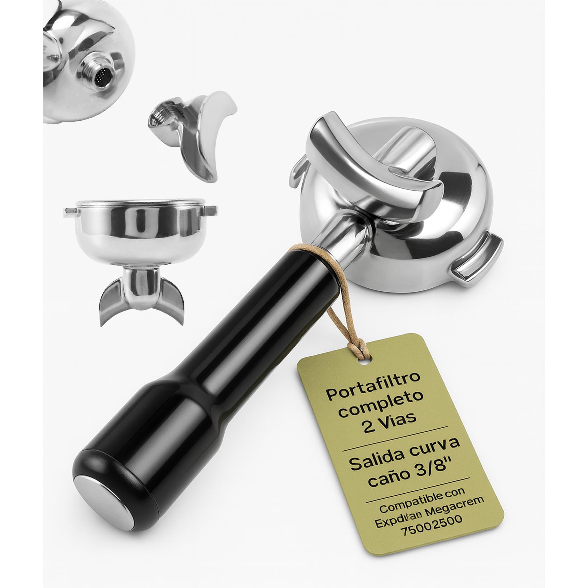 Portafiltro Doble 2 Vías Ø82 mm Ø62 mm Aletas 6.7 mm Salida Curva Caño 3/8 Acero INOX 75002500 Hostelería Máquinas Espresso Profesional Brazo Portafiltros Ajuste Preciso