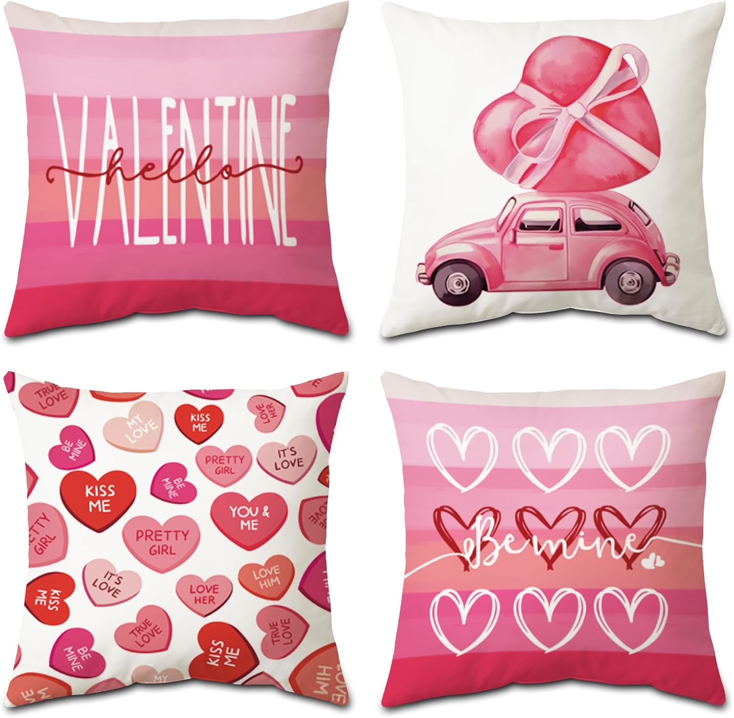 4 Pcs Valentines Day Pillow Covers 18x18, Pink Car Love