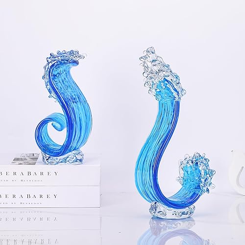 Miniatura 5 de Escultura de vidrio azul para decoración del hogar, estatua de arte de vidrio soplado a mano, olas de océano, decoración de sala de estar para