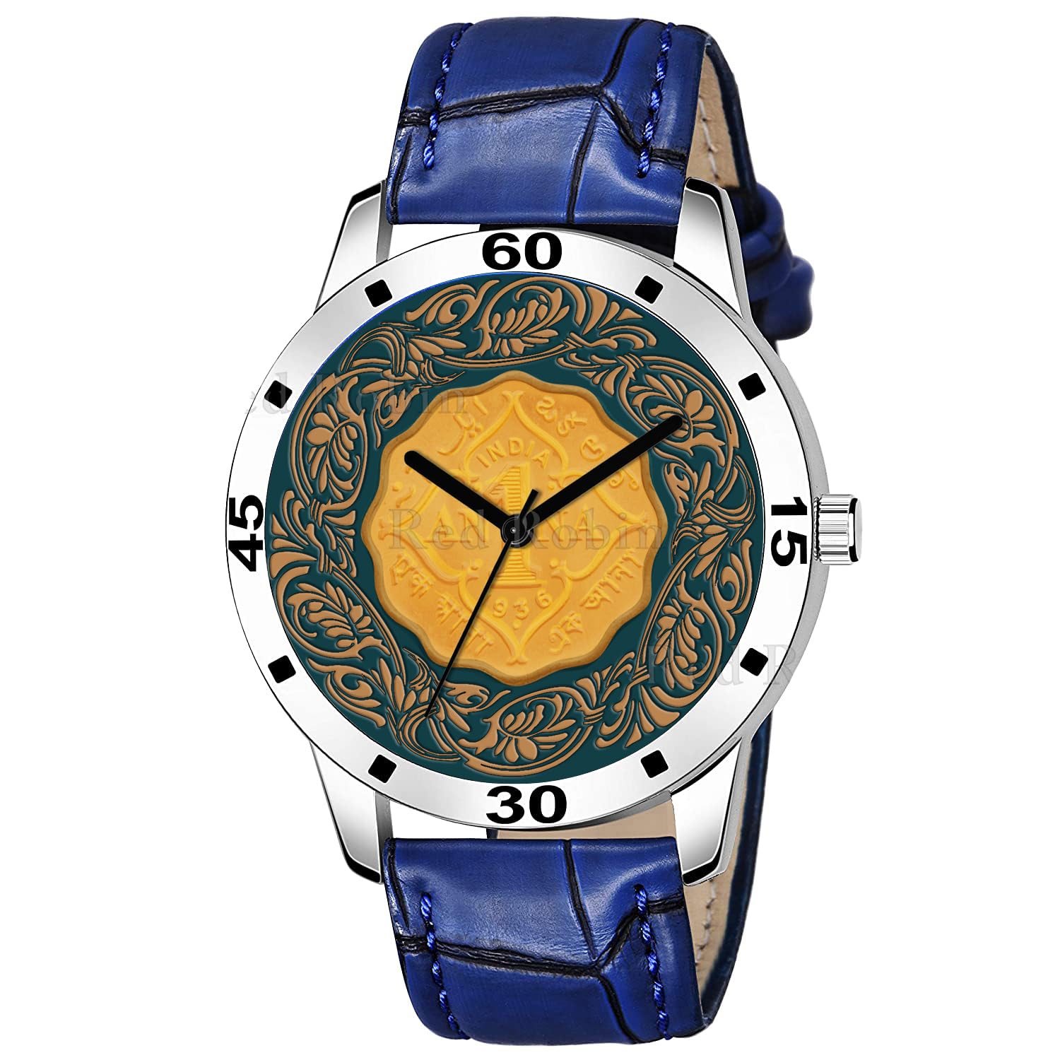 Sky MartAnalog Jaipur Watch Coin Design Multicolour Dial Stylish Blue Leather Strap Wrist Watch for Men and Boys, Pack of 1 - J1-AVO-SIL-BLU-CRL