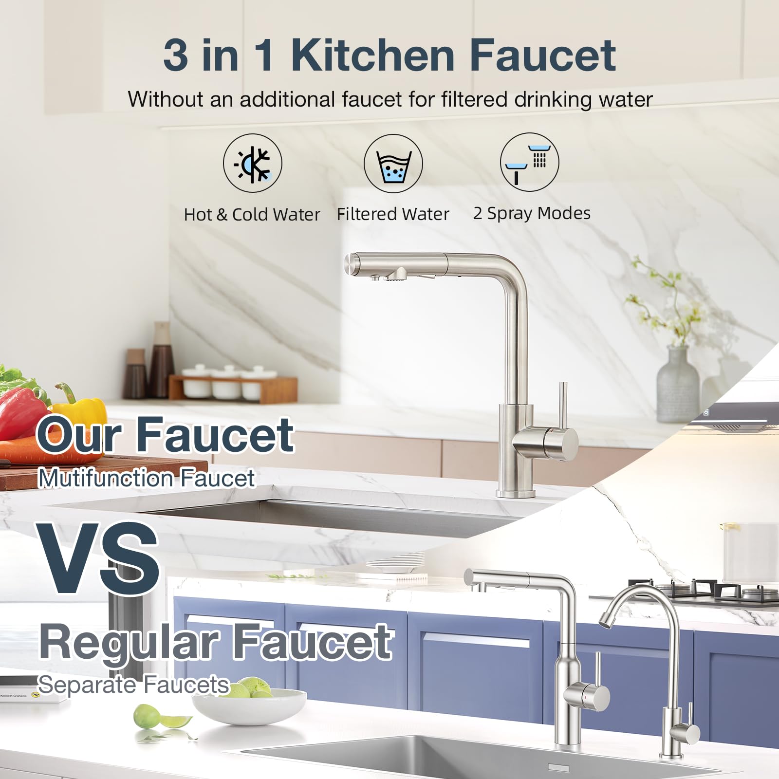 Grifo para Fregaderode Cocina de 3 Vías con Ducha extensible de 3 Funciones, Grifo de Cocina para Filtro de Agua, Sistemas de Ósmosis, Acero inoxidable cepillado