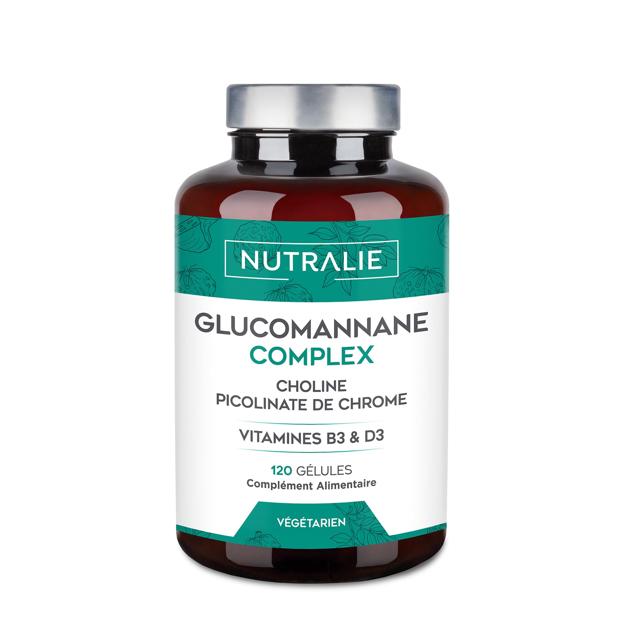 Konjac Glucomannane 3000mg Contribue à la Perte de Poids Dans Régime Hypocalorique - Bitartrate de Choline + Picolinate de Chrome Vitamines B3 D3-120 Gélules Végétales Glucomannan Complex Nutralie
