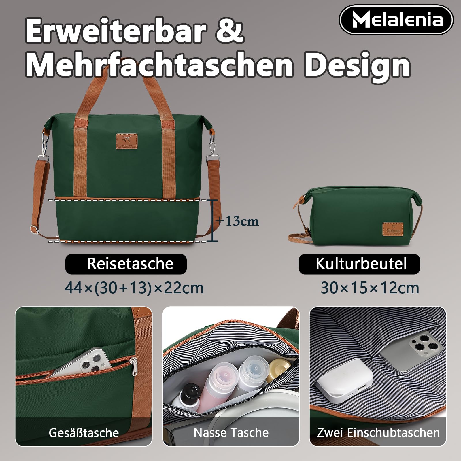 Melalenia Kofferset 7tlg Hartschale Leicht mit 4 Rollen und TSA-Schloss Der Gepäcksets Enthält 1 Kosmetikkoffer 1 Reisetasche und 1 Kulturbeutel Grün