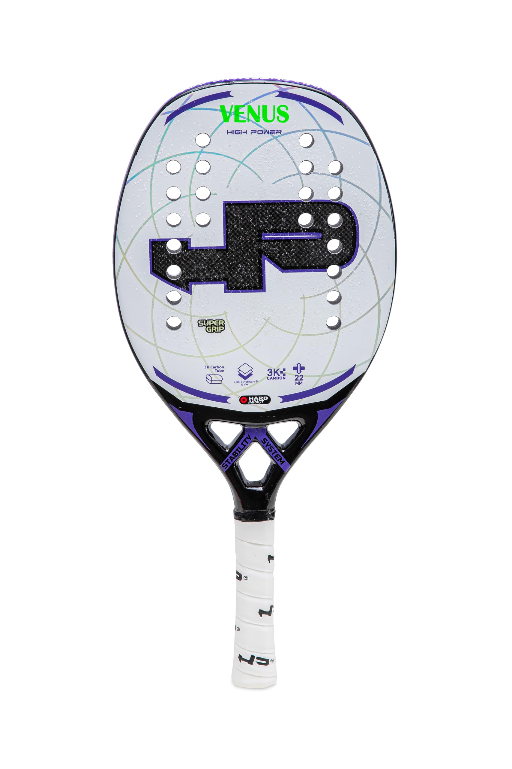 HP VENUS, Racchetta Beach Tennis Carbonio 3K- Superficie Trattamento Super Grip - Eva High Power – Leggera e Bilanciata – Profilo 22 mm - Custodia inclusa - Stability system