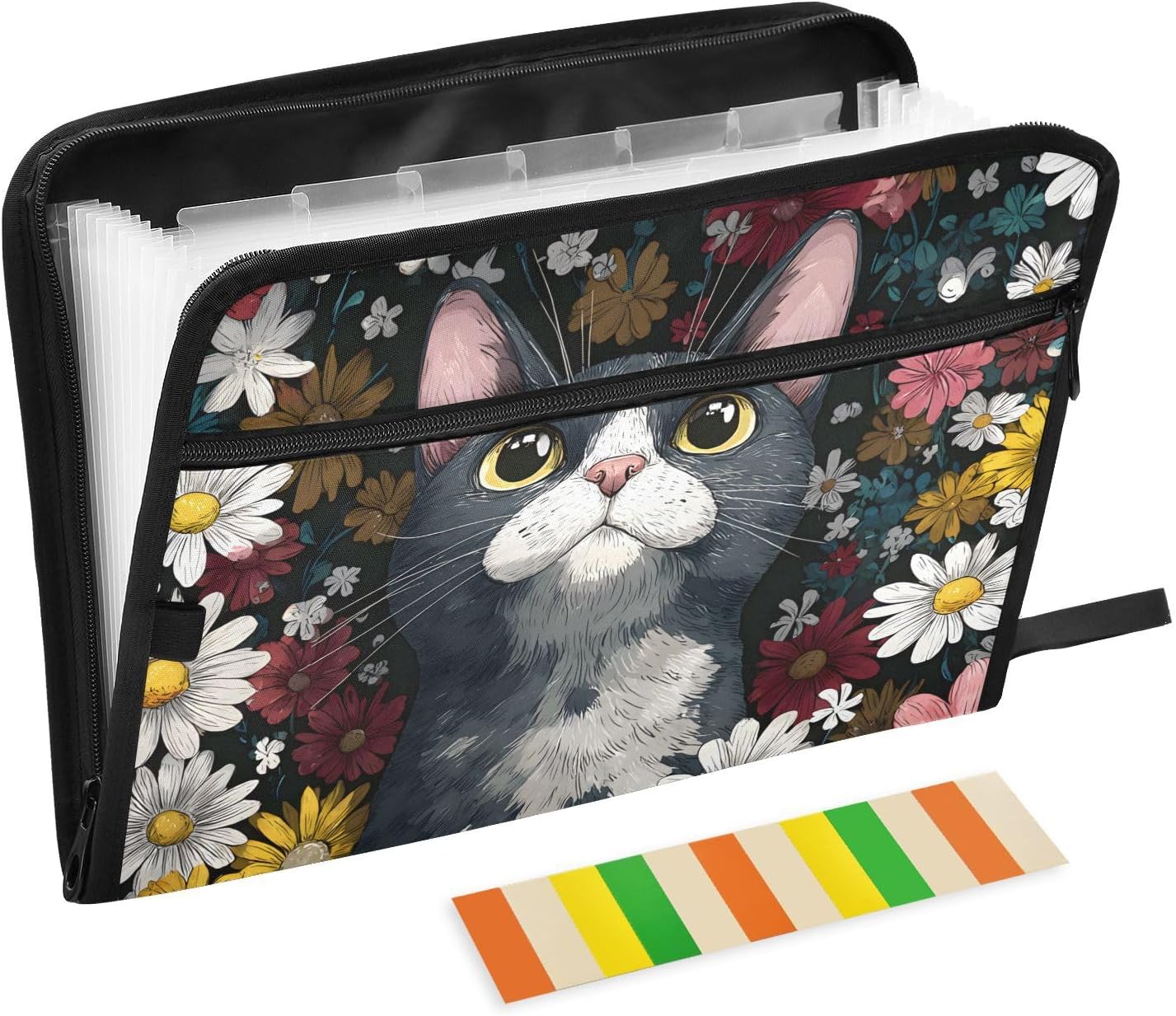 susiyo Accordion File Organizer with Labels, 13 Pockets Expanding File Folder with Front Pouch, Cute Cat Surrounded by Flowers Portable Waterproof Expanding Files Wallets Document Organizer Letter Siz