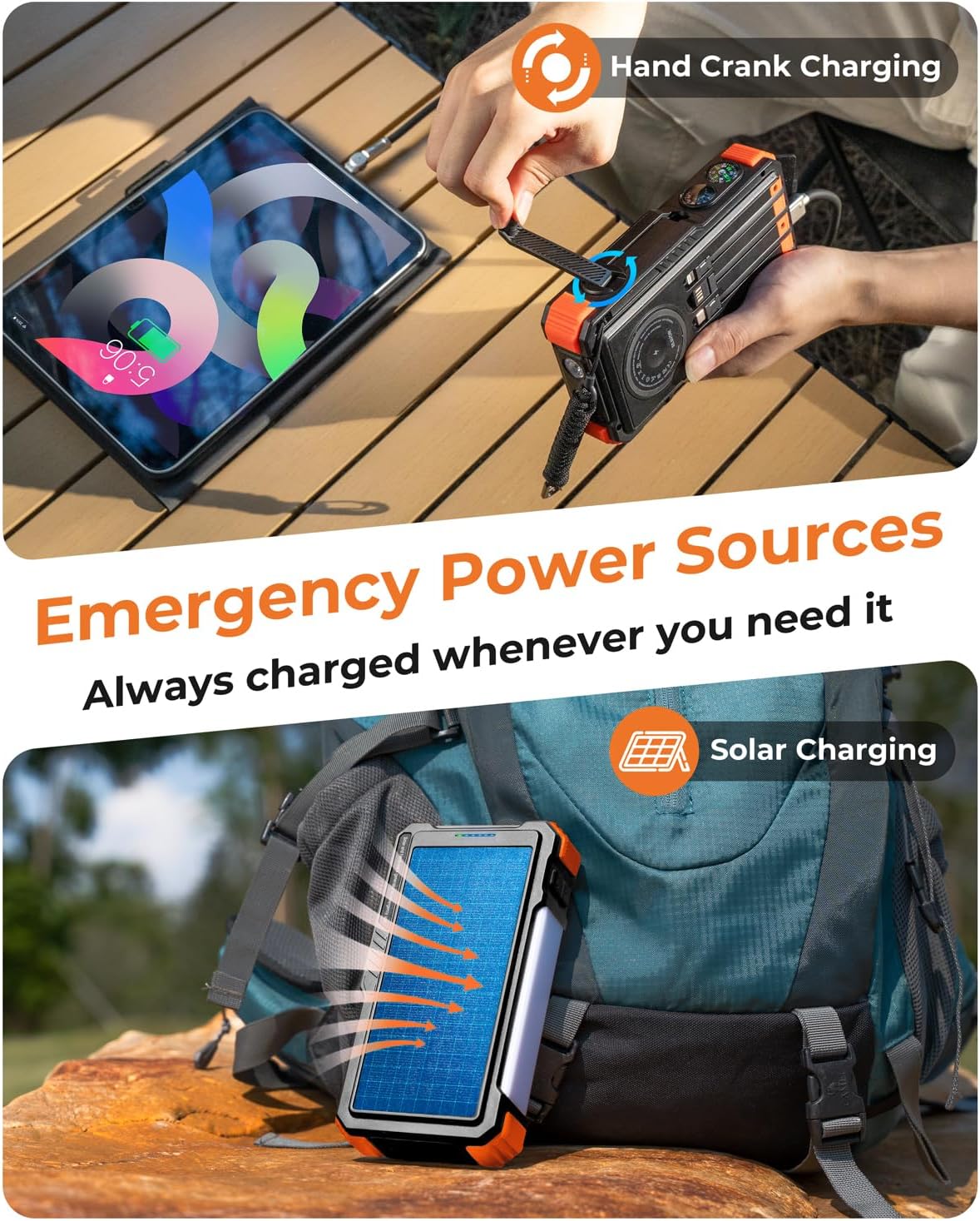 Person using the hand crank to charge the power bank, and another image showing the power bank solar charging on a backpack.