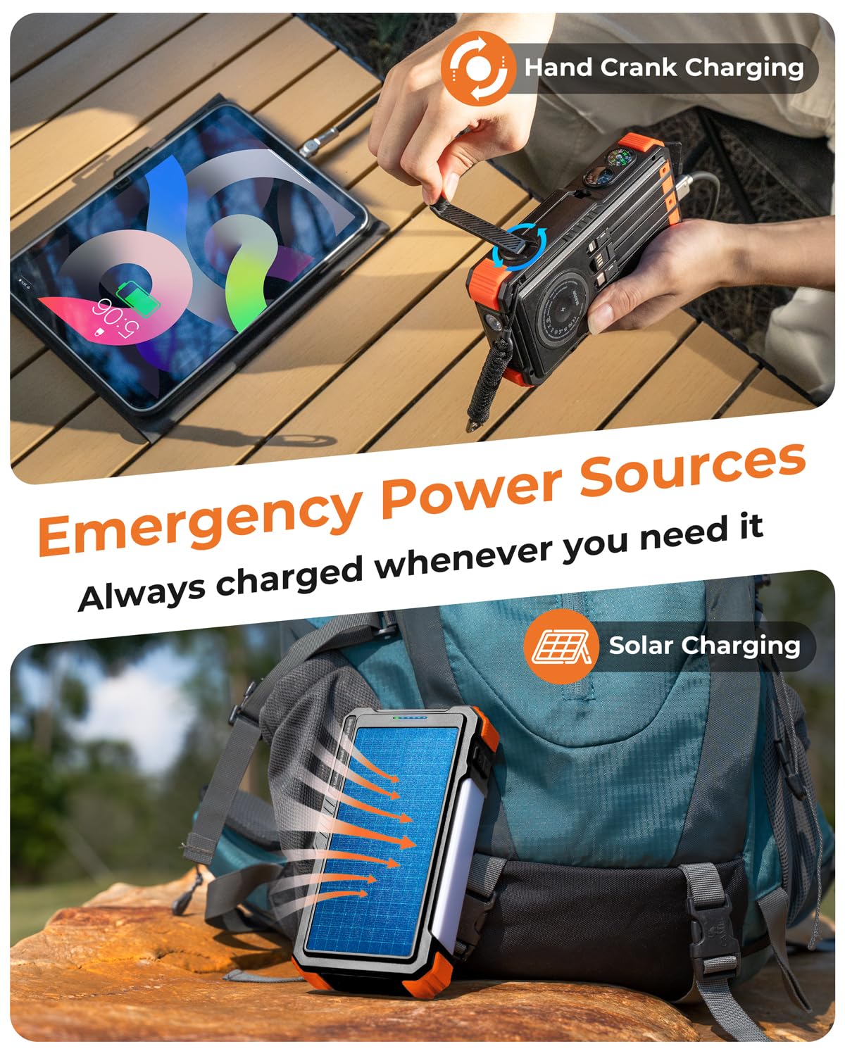 BLAVOR Batterie externe solaire avec manivelle et 4 câbles, chargeur portable sans fil 20 000 mAh avec USB-C et lampe de camping, charge rapide 20 W pour iPhone, iPad, Samsung, tous les téléphones