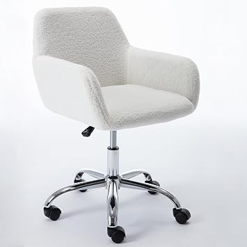 Desk Home Office Fluffy Height Adjustable Modern Faux Fur Arm Accent Chair for Living Room Bedroom Makeup Dressing Vanity White