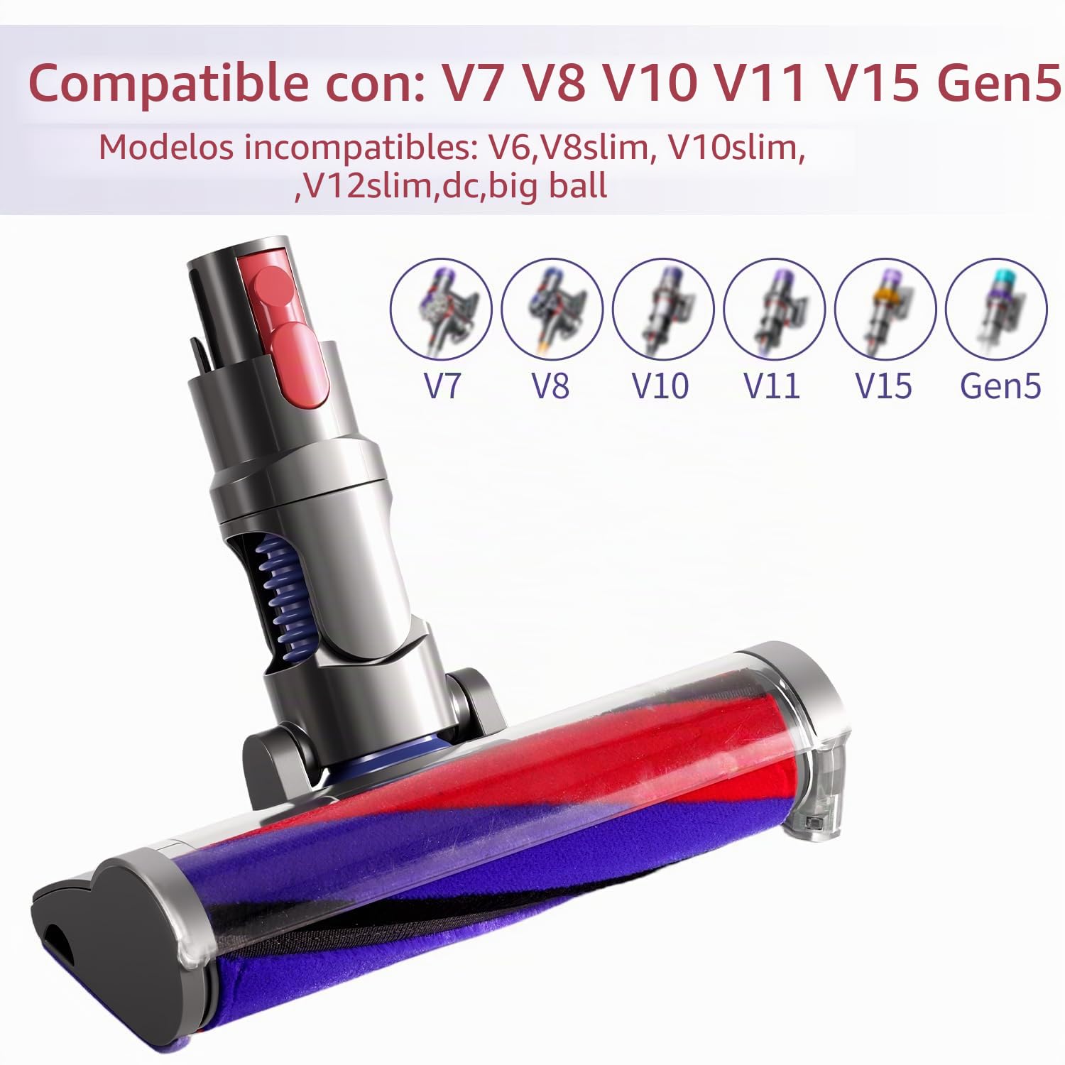 KENVOR Cepillo para Dyson V7 V8 V10 V11 V15 Gen 5,Cepillo con Rodillo Suave | Lámpara LED verde, Cabezal para Pavimenti