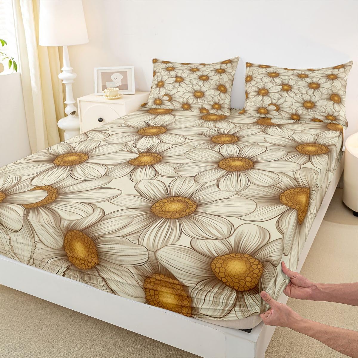 Erosebridal Boho Floral Bed Sheets Queen Groovy Flower Sheet Set, Flowers Garden Soft Lightweight Bedding Set, Orange Grey Fitted Sheet with Deep Pocket