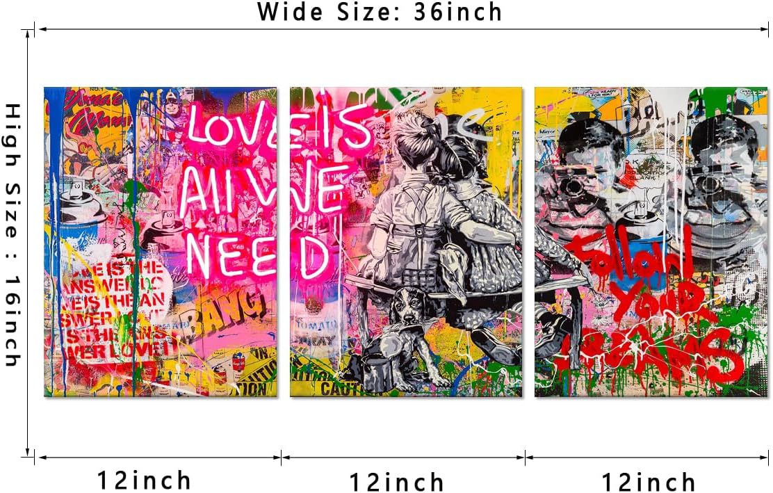 MAMAGO 3 Pieces Banksy Street Wall Art Colorful Graffiti Abstract Canvas Wall Art Paintings Mural Pop Art for Living Room Home Office Wall Decor Framed-12 x16 x3pcs