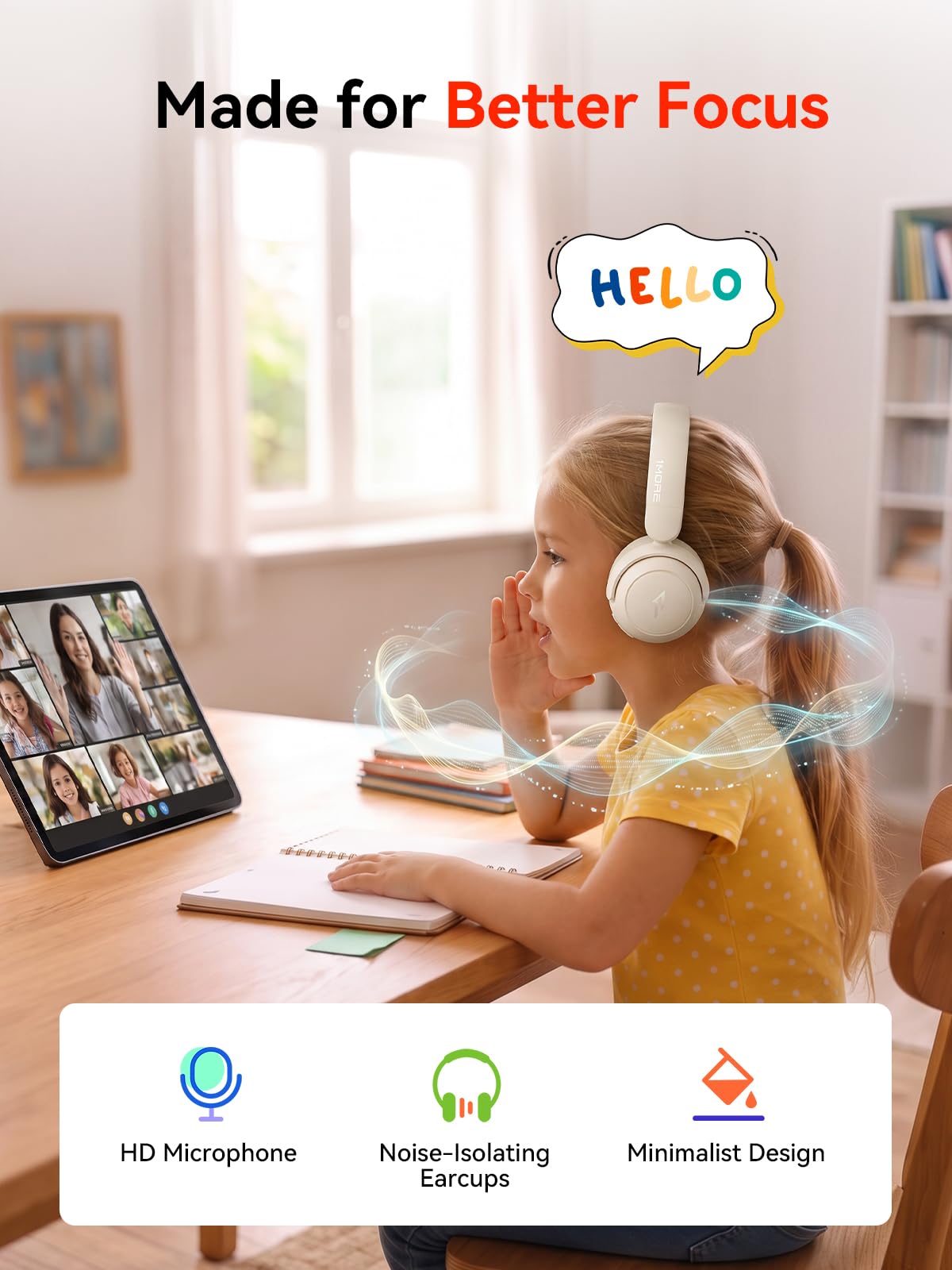 1MORE HQ20 Bluetooth Kopfhörer Kinder, Leicht-Kopfhörer Kabellos mit 75/85/90dB Lautstärkegrenze, 65 Std. Spielzeit, Bluetooth 5.3, HD-Mikrofon, Over Ear Kinderkopfhörer für Schule/Tablet/PC (Weiß)