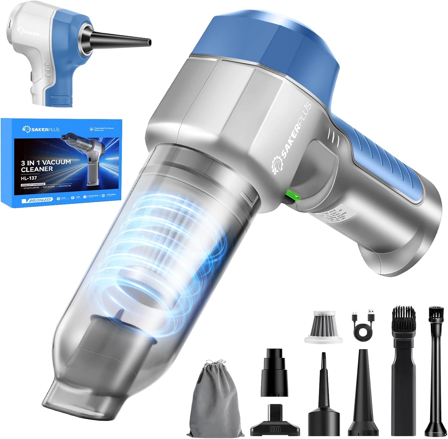 Mini Vacuum Cleaner, 3 in 1 Car Vacuum Cleaner High Power, 15000PA Powerful Suction, Air Duster, 7500mAh, Adjustable Small Vaccum Portable Cordless for Cars,Desktop,Home- Light Blue