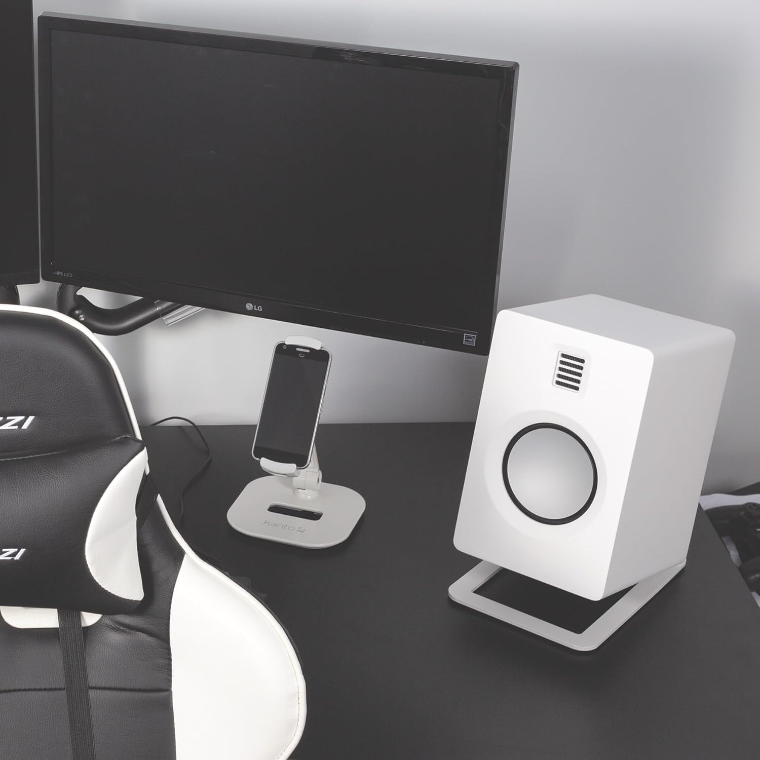 Kanto S6W Tilted Desktop Speaker Stands for Large Bookshelf Speakers & Full-Size 5”-7” Studio Monitors | Supports 20 lbs | Damping Foam Padding | ¼”-20 Mounting | Pair | White