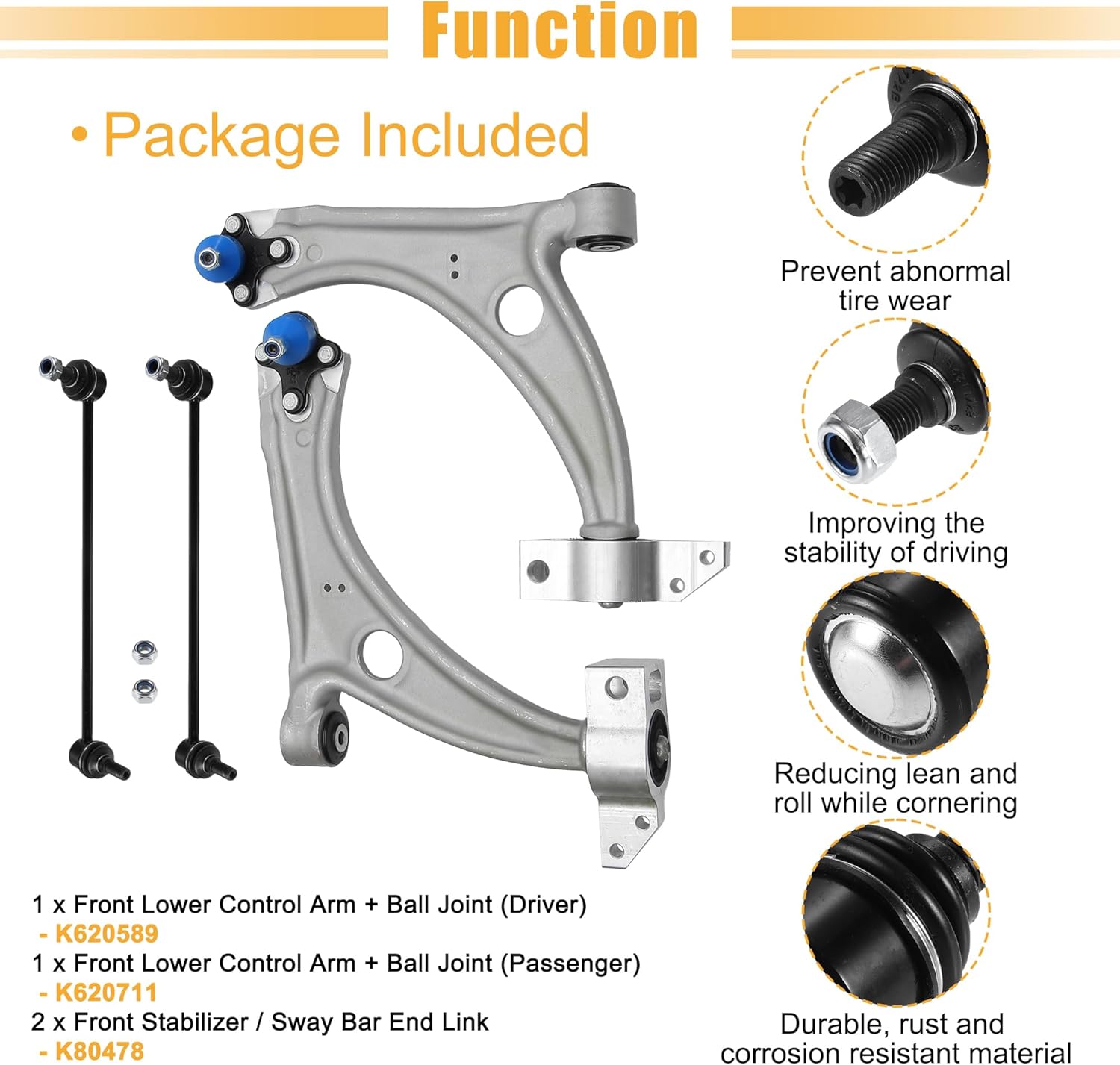 X AUTOHAUX 4Pcs Front Suspension Kit Lower Control Arm with Ball Joint Assembly Sway Bar Link Stabilizer link for VW Passat 2006-2010 for Volkswagen Tiguan CC 2009-2017 No.RK620589/K80478