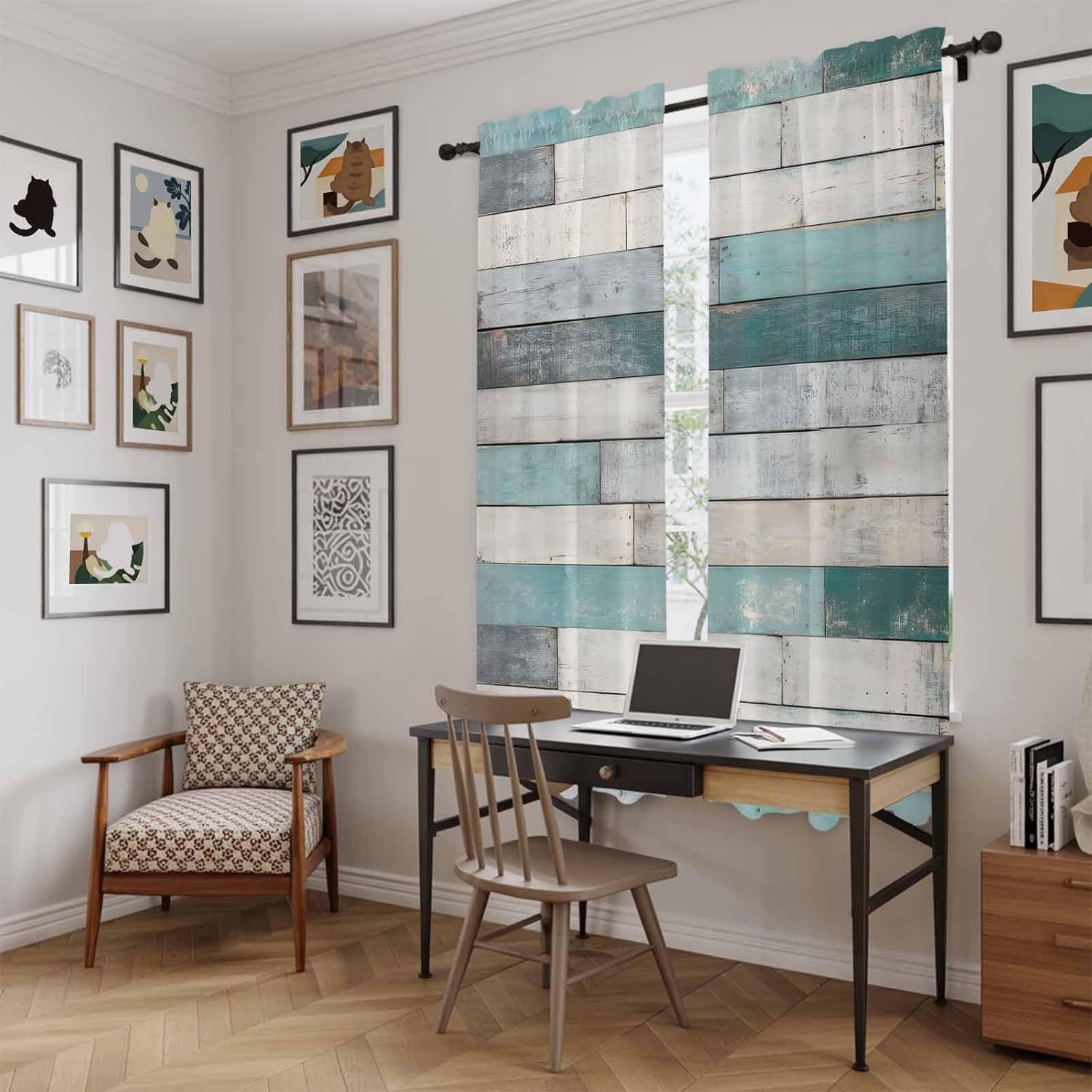 Turquoise Grey Wooden Kitchen Curtains, Farmhouse Teal Wood Light Filtering Window Curtain Panels, 2Pcs Rod Pocket Window Treatments Set for Living Room Bathroom Bedroom 52x72 Inches