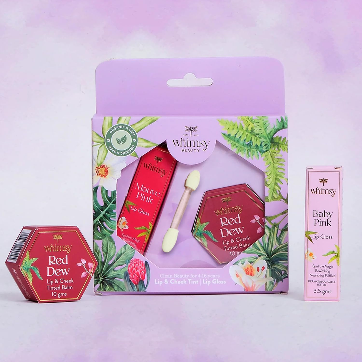 Whimsy Beauty Lip Color Combo for Girls with Applicator | Liquid Lip Color & Lightweight Lip Gloss | Hydrating, Non-Sticky Finish | 3 pcs | Age 4β16 | Organic & Chemical-Free 2