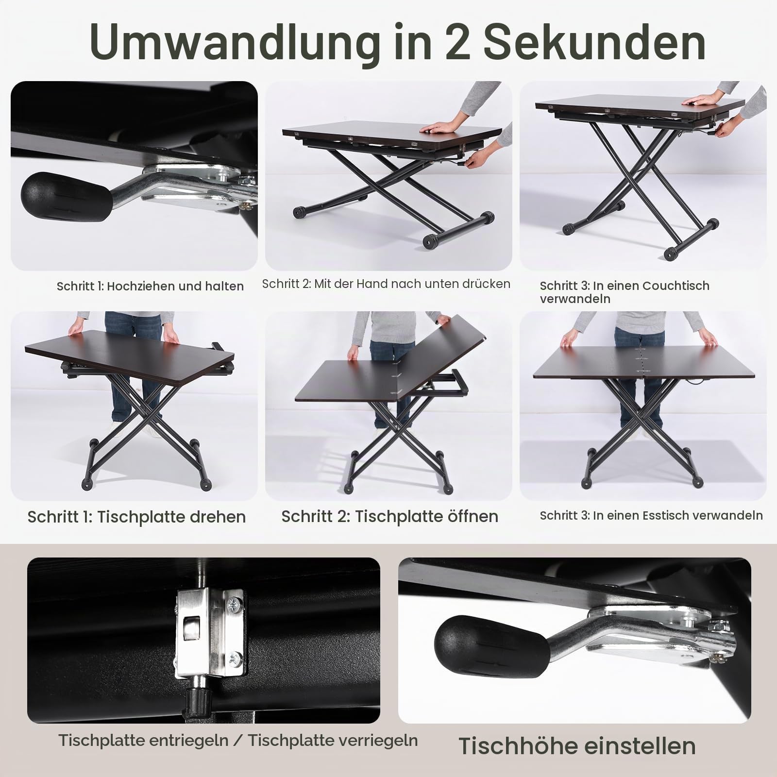 Aufklappbarer und ausziehbarer Tisch, funktionaler Couchtisch für die Küche, Schwarznuss-Esstisch für Wohnzimmer und Salon, Schreibtisch, geeignet für kleine Esszimmer, Wohnzimmer, Küche