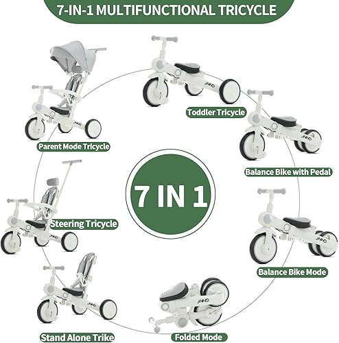Miniatura 4 de JMMD Triciclo plegable para bebé, blanco y gris, toldo ajustable, cochecito para niños con características de seguridad