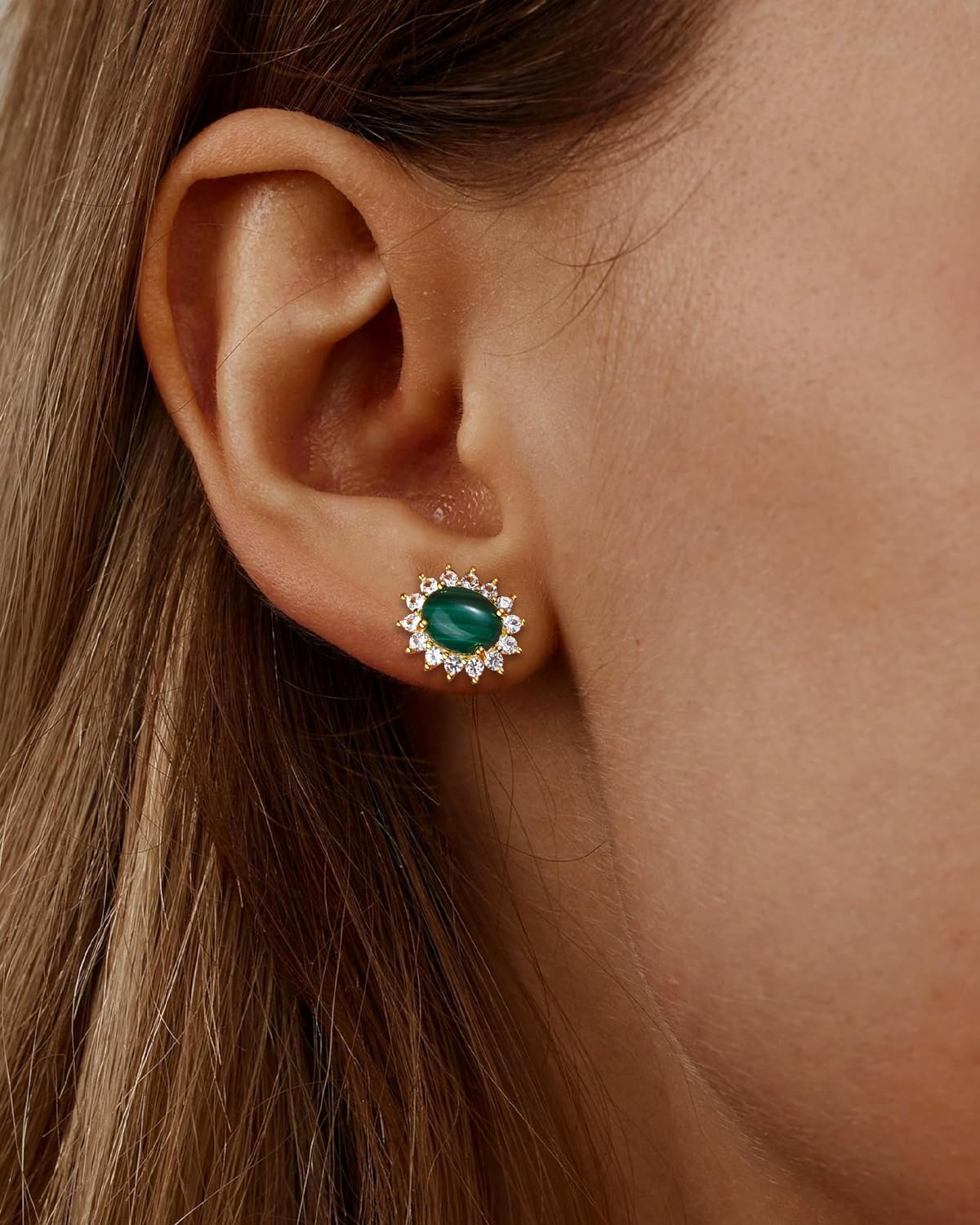 AIBAO Genuine Turquoise/Malachite Stud Earrings for Women Sterling Silver Princess Diana Class Oval Gemstone Halo Earrings Western Jewelry Anniversary Christmas Gift - Image 3