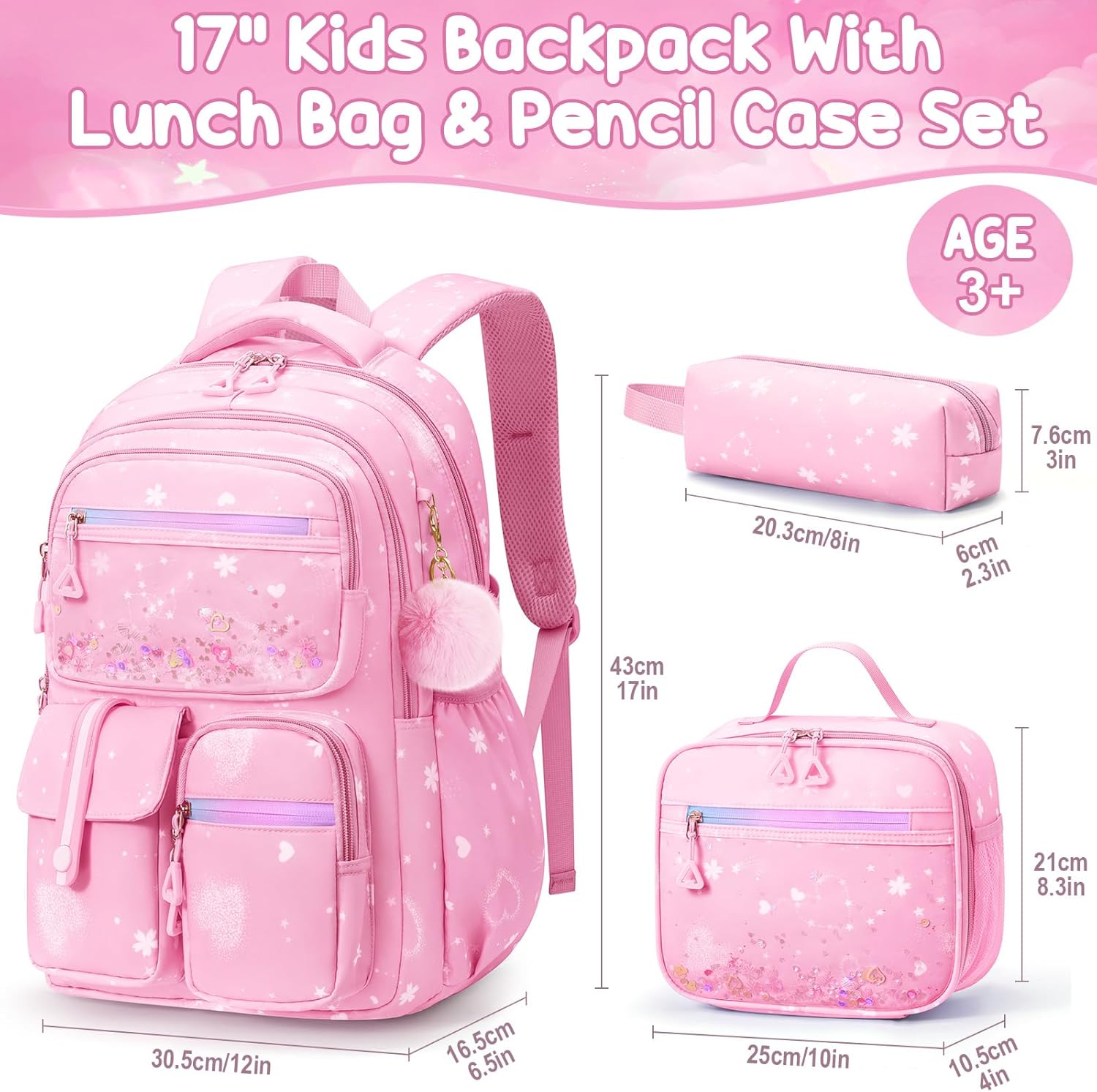 Fimibuke Backpack for Girls, 3 PCS Waterproof Kids Backpack with Lunch Box & Pencil Case Set, Cute Travel Bookbag School Bag for Kindergarten Elementary Middle High School Student Toddler Kids Teens - Image 4