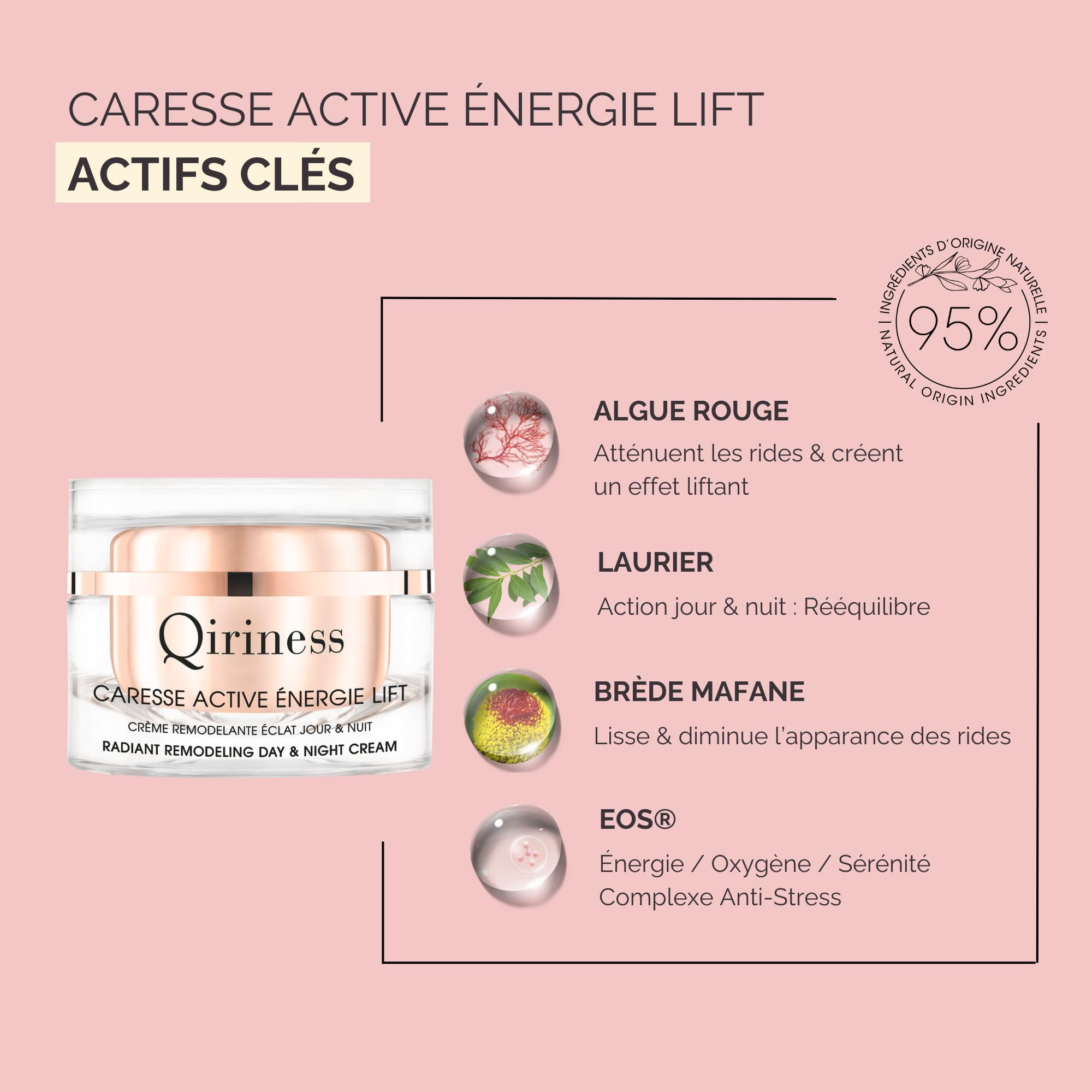 Qiriness - Crème Anti-Âge Caresse Active Énergie Lift - Technologie Gènes Horloge Acide Hyaluronique - Pour le Visage et le Cou - Peaux Matures - Blanc - 50 ml