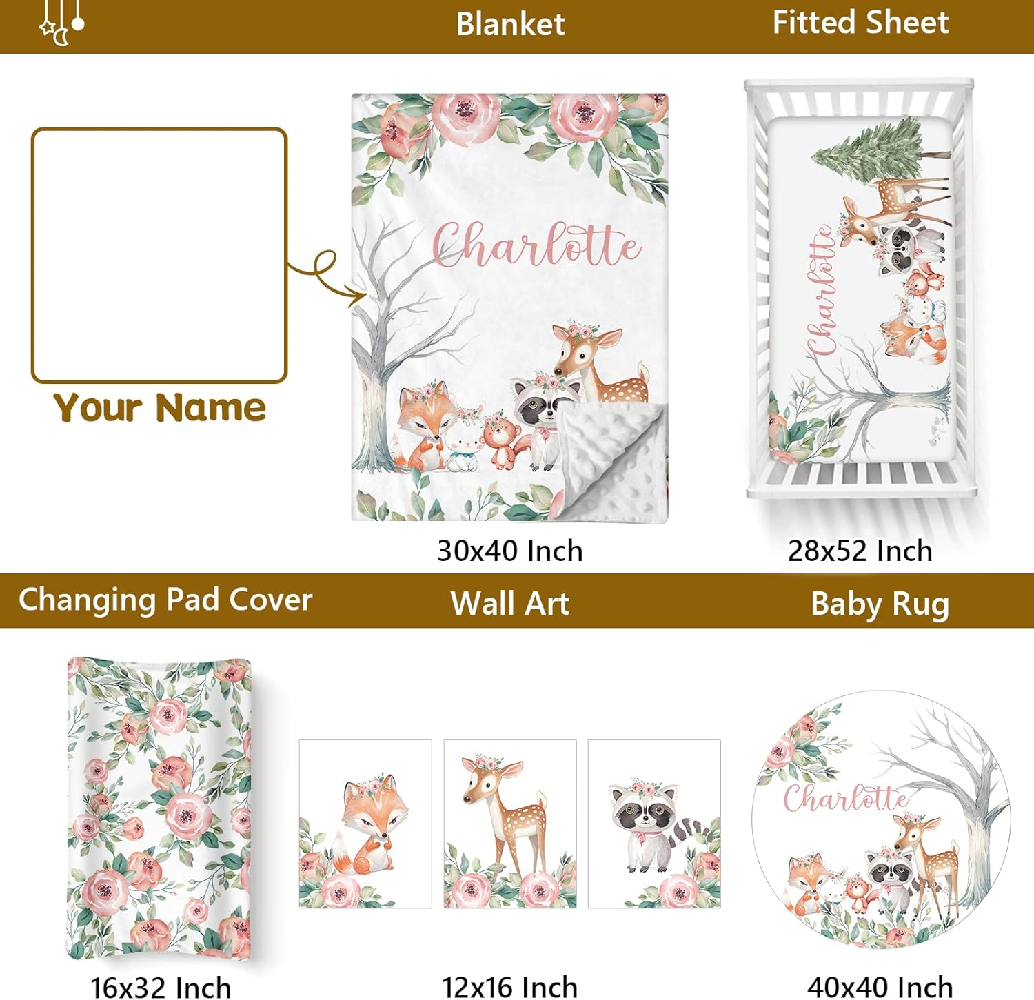 Personalized Baby Bedding Set - 5 Pcs Custom Name Bedding Crib Set for Girls Boys, Soft Toddler Crib Set for Infant Customized Gifts, Pink Forest Animals