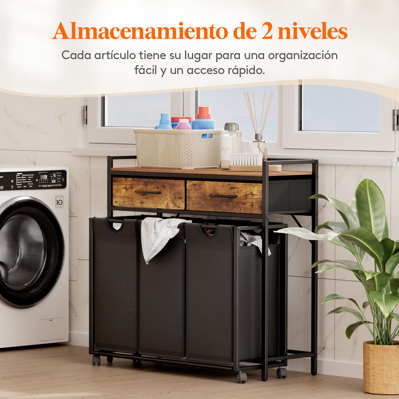 Lifewit Cesto Ropa Sucia con 3 Compartimentos, Grande Laundry Basket 135L con Estantes y 2 Cajones, Almacenamiento de Cesta con Ruedas y Bolsa Extraíble para Baño Lavandería, Marrón Rústico y Negro