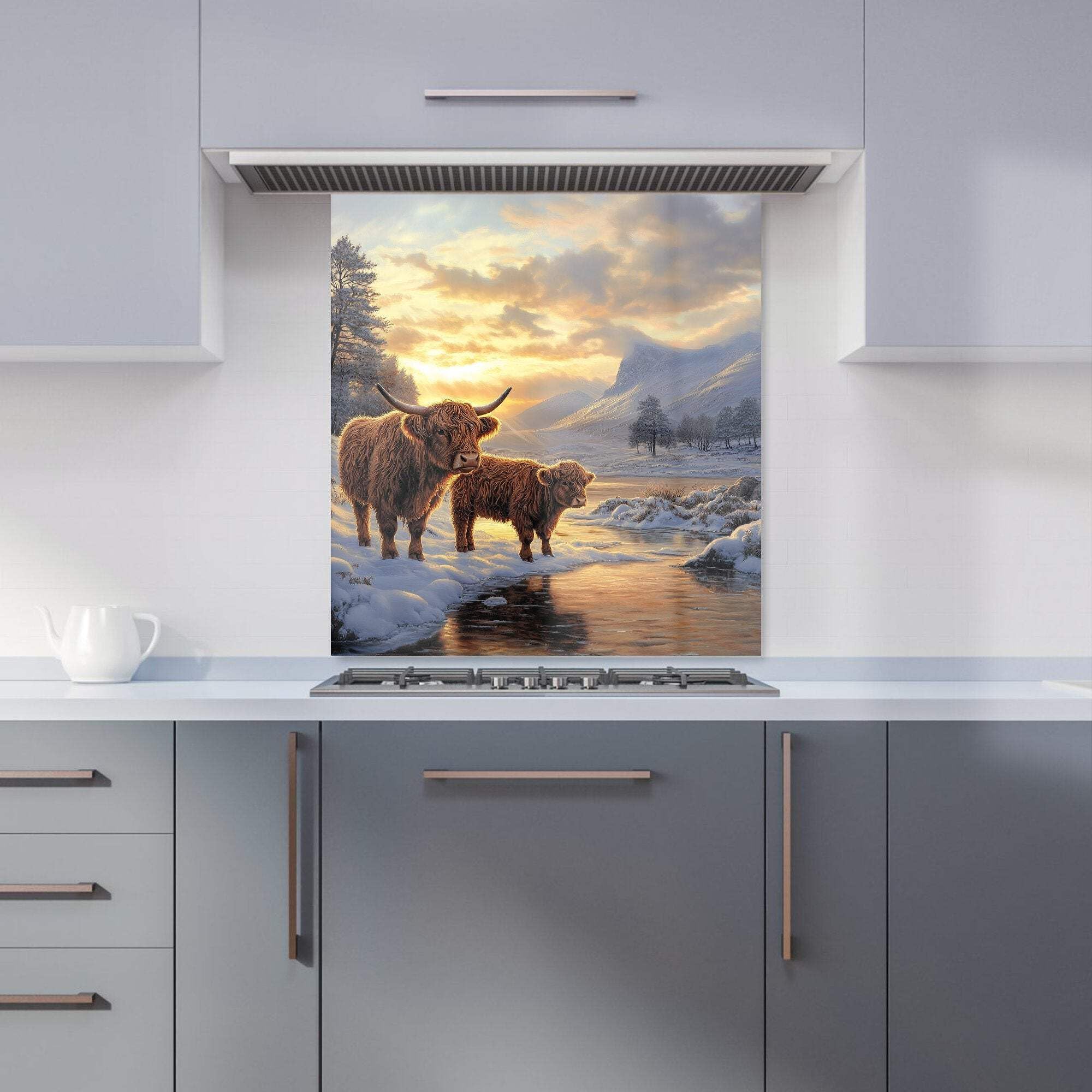 Warren Reed - Designer Highland Cows By The Lake Kitchen Splashback - W700mm X H750mm