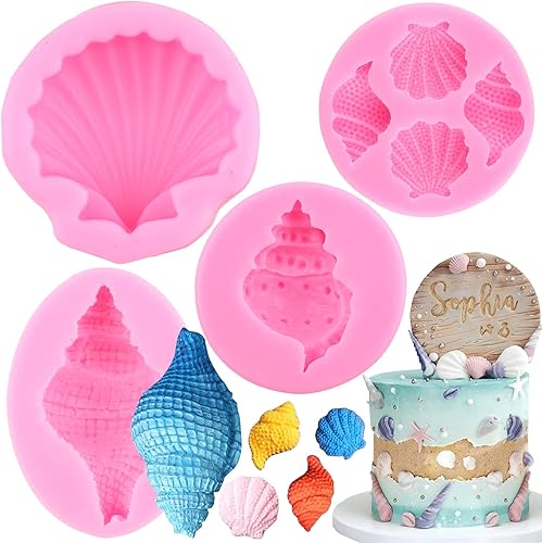 Miniatura 1 de RFGHAC Juego de 4 moldes de silicona para tartas, fondant de concha, concha, para decoración de pasteles, decoración de cupcakes, arcilla