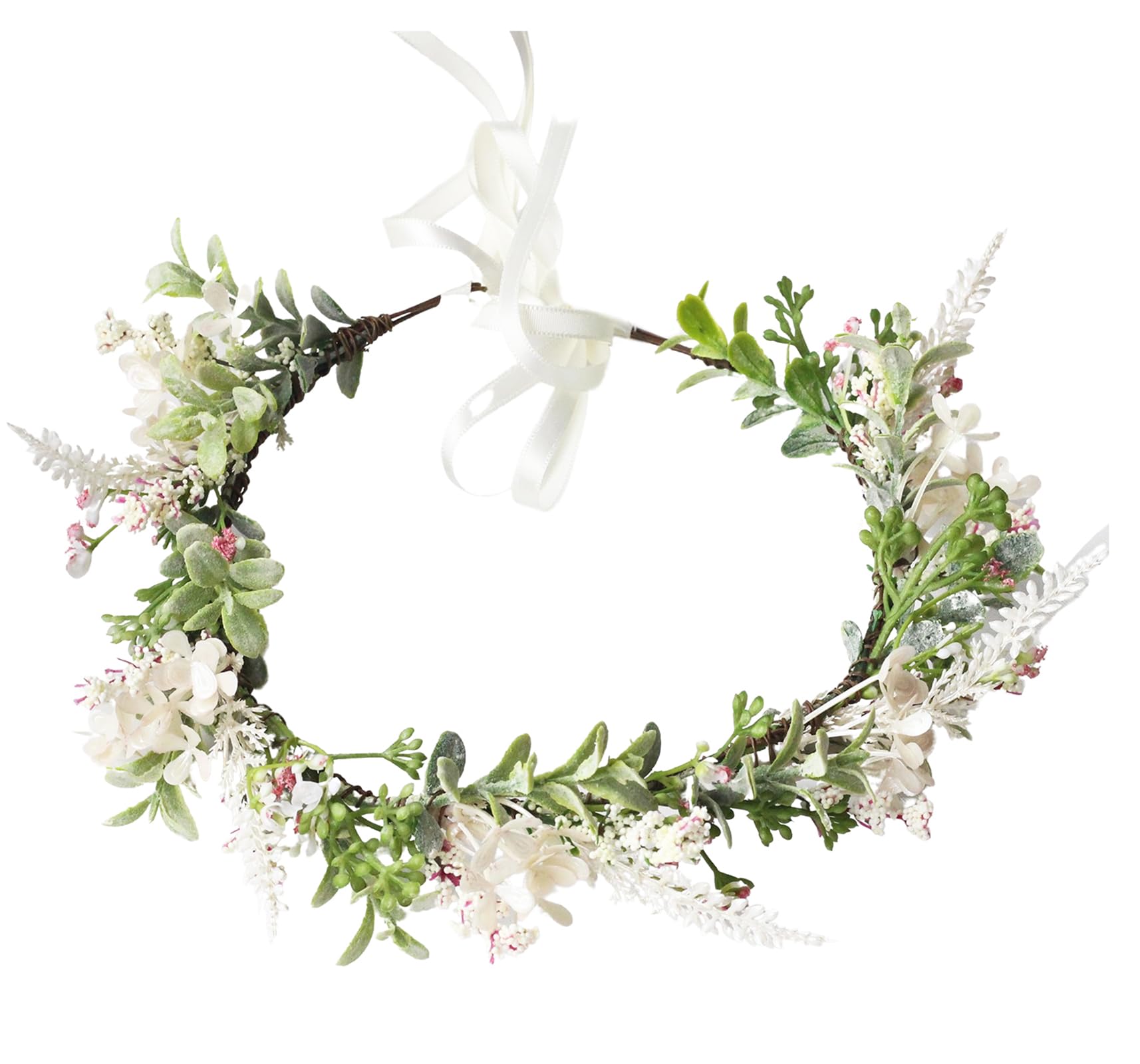 Vivivalue Floral Crown Boho Flower Headband Hair Wreath Floral Headpiece Halo with Ribbon Wedding Party Prom Photos White