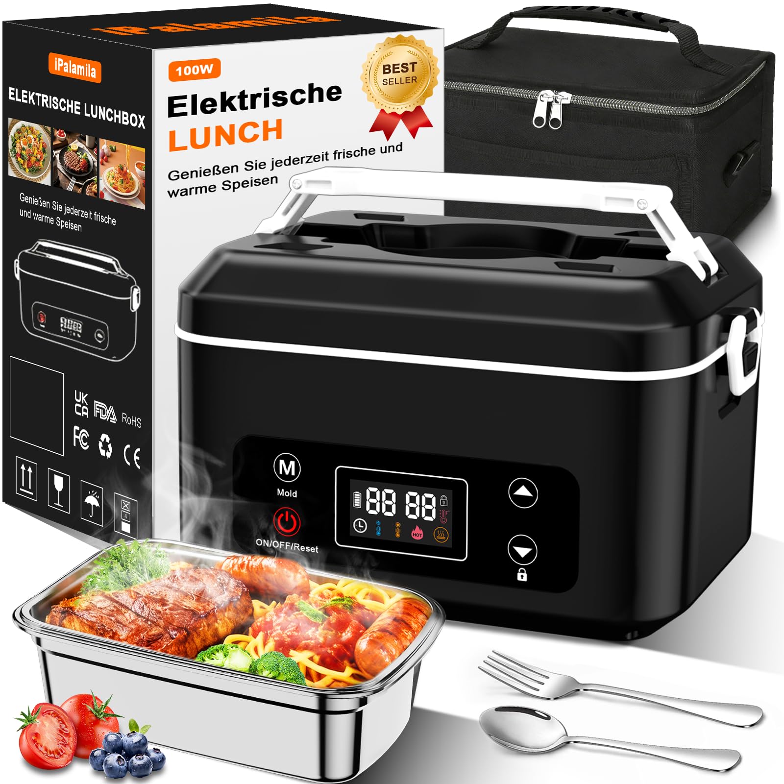 Elektrische lunchbox hermobehälter für Essen mit Akku – 24000 mAh,1,3 L beheizbare lunchbox,3D-Vollflächenerwärmung & Temperaturkontrolle –lunchbox elektrisch Ideal für LKW,Büro und Reisen (schwarz)