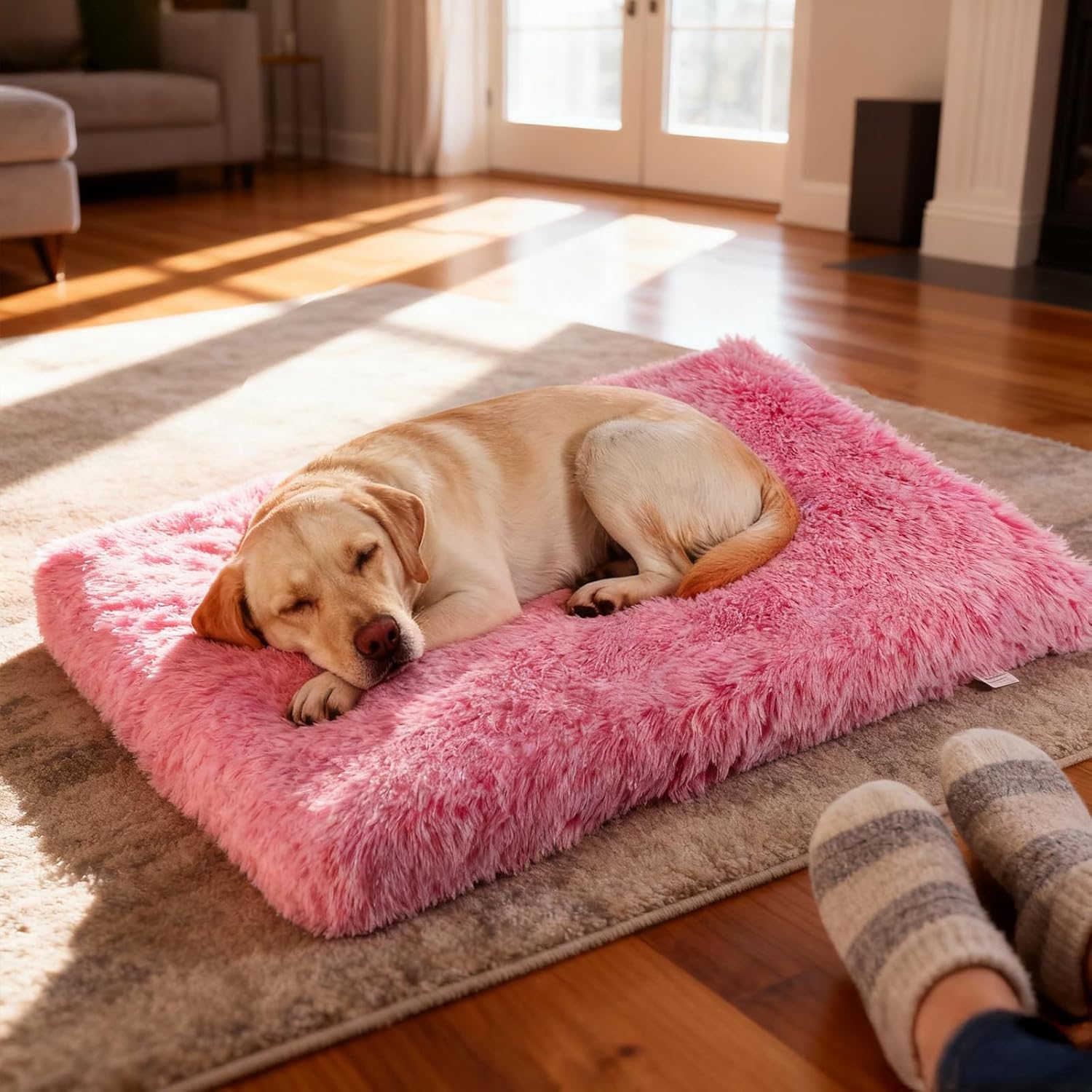 Orthopedic Dog Bed for Medium Dogs, Dual-Layer Memory & Egg-Crate Foam, Washable Warm Winter Plush Cover, Waterproof Liner, Non-Slip Bottom, Crate/Kennel Pad, 35 x 22 Inch, Pink