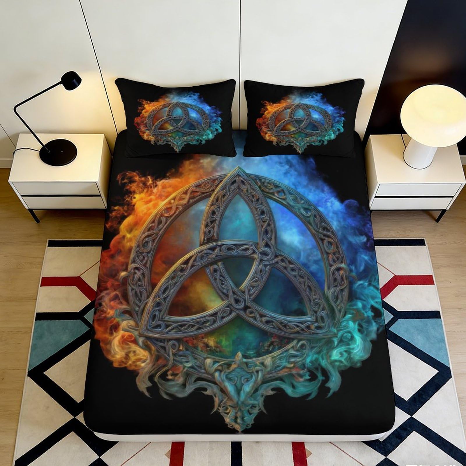 3D Printed Celtic Fire and Ice Fitted Sheet Microfiber Soft Anti-Slip Bed Cover for Bedroom Dorm Easy Care 140x200x25cm