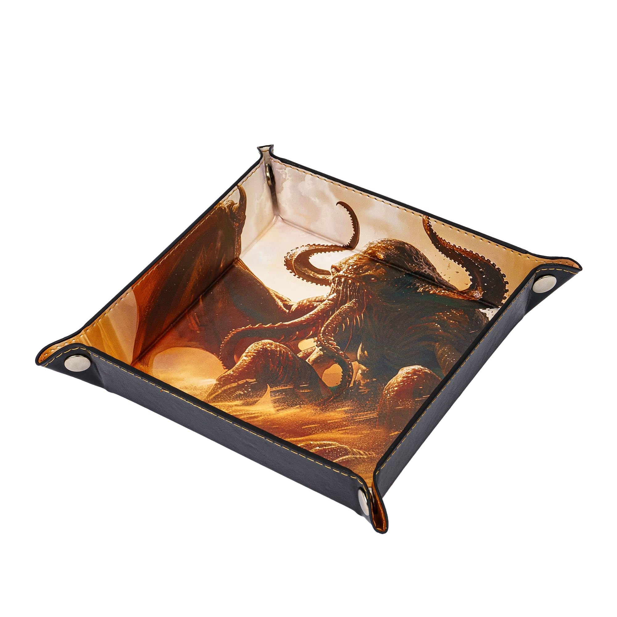 Cusdie PU Leather Dice Tray Square Tray for Dice Rolling and Storing Small Items - Cthulhu Design, Brown Cthulhu