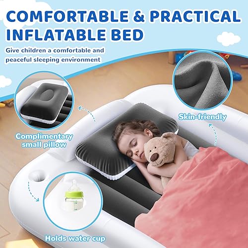Miniatura 14 de Cama inflable de viaje para niños pequeños, cama portátil de 60 pulgadas para viajes con lados de seguridad, acogedor juego de colchón de aire