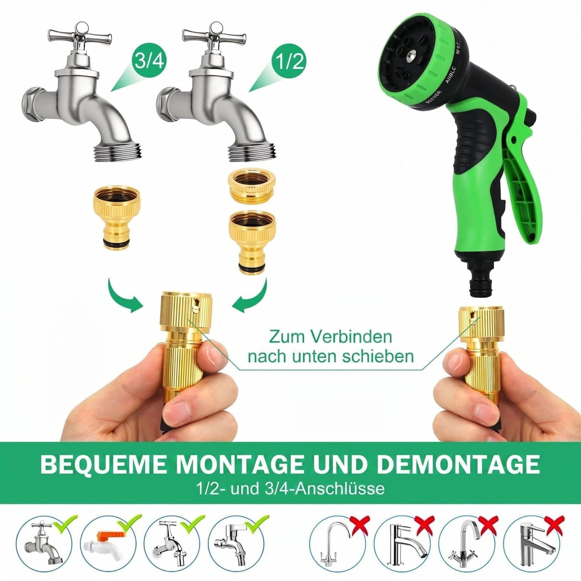 Ausziehbarer Gartenschlauch, Gartenschlauch mit 10 Funktionsdüsen, leichter elastischer Schlauch mit 3/4-Zoll- und 1/2-Zoll-Metallanschlüssen für Gartenbau Autowäsche und Bewässerung（75FT)