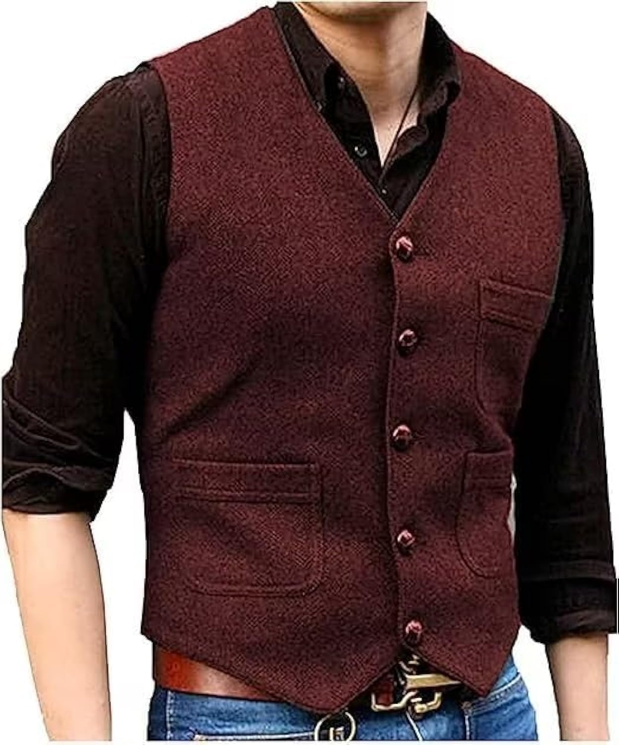 Mens Vintage Tweed Suit Vest V Neck Casual Wool Waistcoat for Wedding Groomsmen Men's Formal Vest