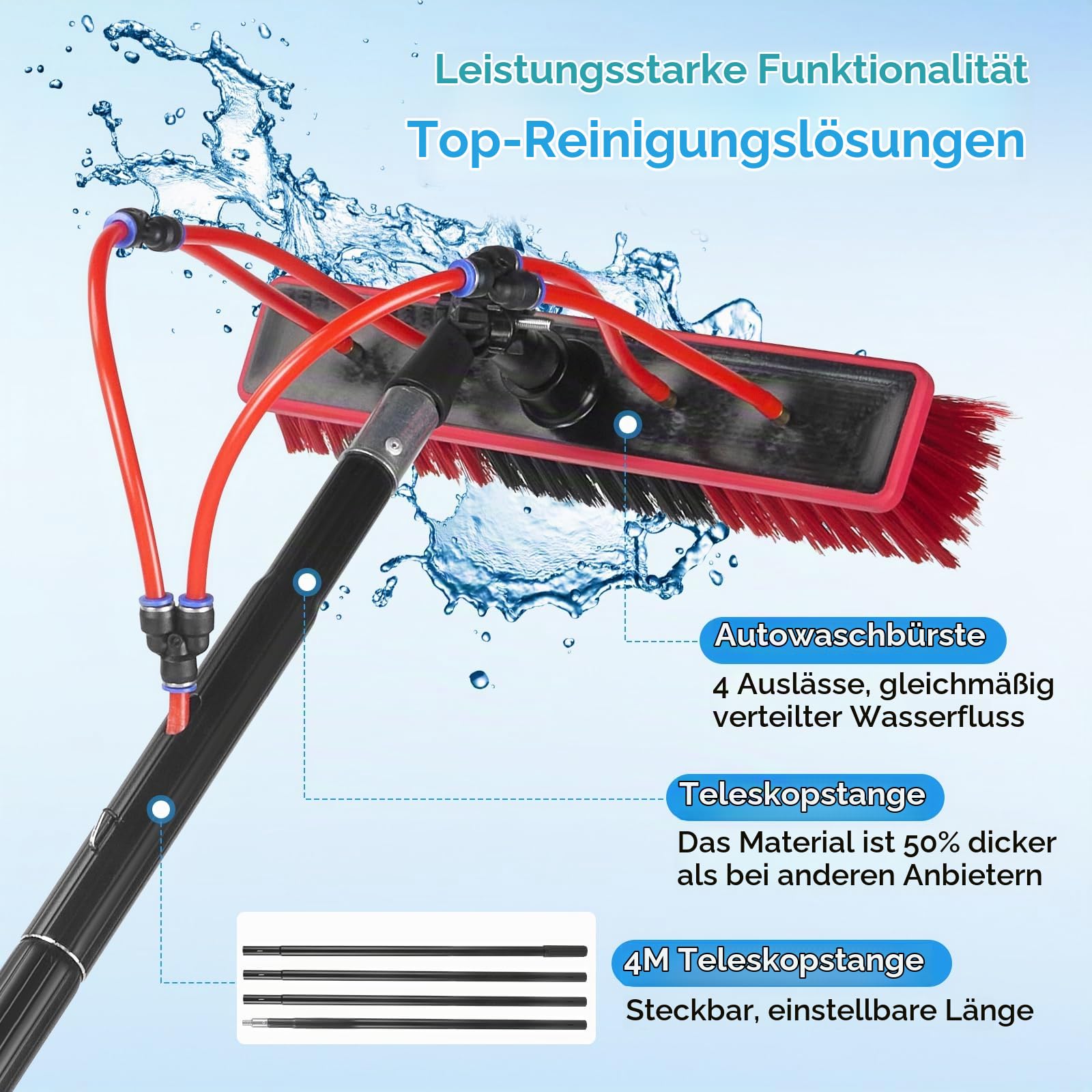 Teleskop Waschbürste mit Wasseranschluss, 4m Teleskopstange Fensterreinigung mit 180° verstellbarem Bürstenkopf & 4 integrierten Düsen, für Photovoltaikanlagen, Fenster, Wohnmobile & Auto