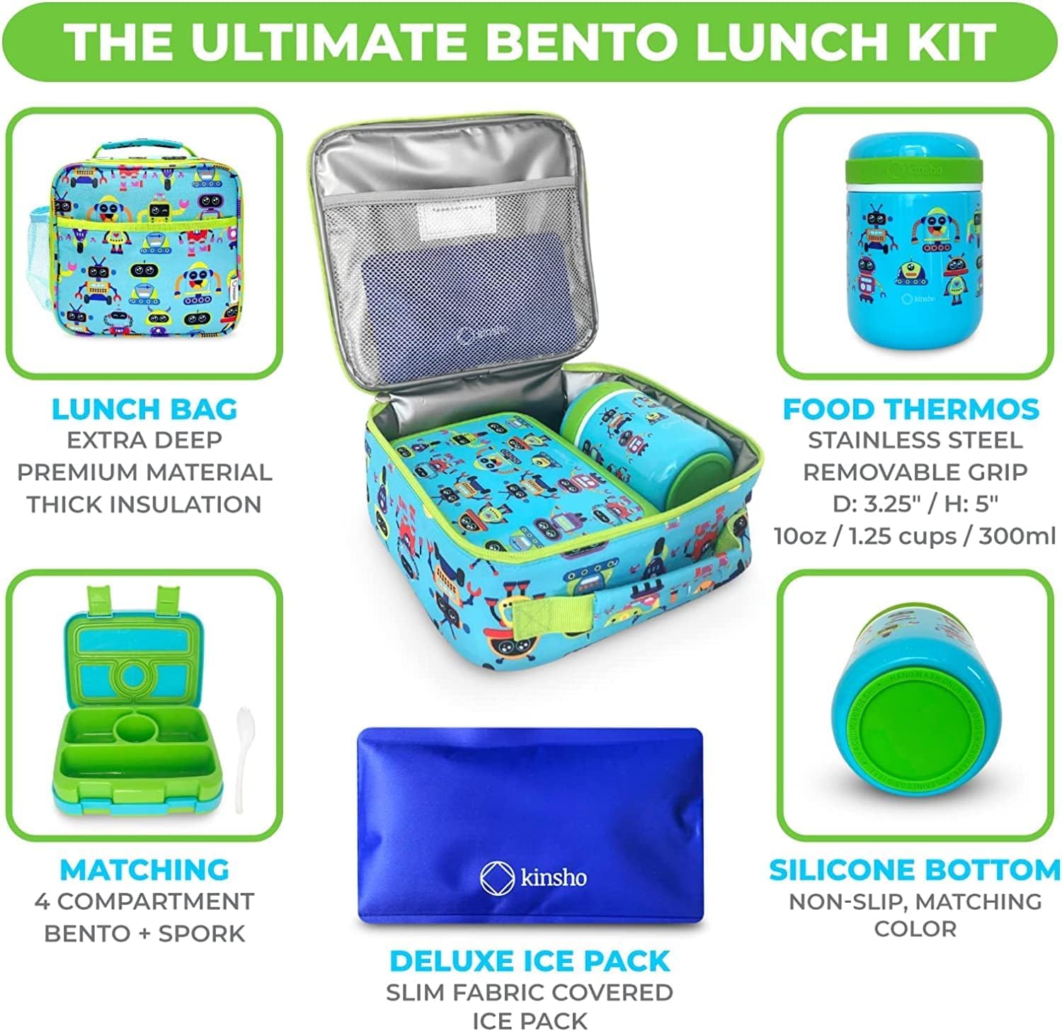 Bento pudełko na lunch dla dzieci z termosem na gorącą zupę, izolowana torba na lunch i lodowaty, termos na lunch ze stali nierdzewnej, pudełka z 4 przegródkami, zielony robot