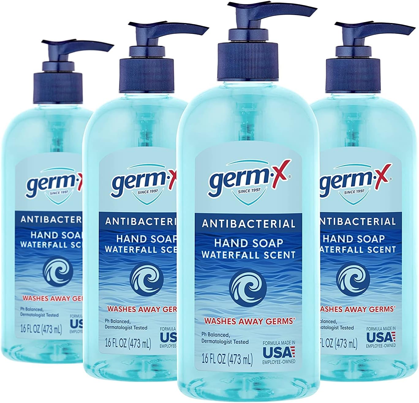 Vi-Jon Germ-X Antibacterial Liquid Hand Soap, Waterfall Scent, pH Balanced, 16 oz (Pack of 4), Dermatologist Tested, Clear Hand Wash for Kitchen or Bathroom