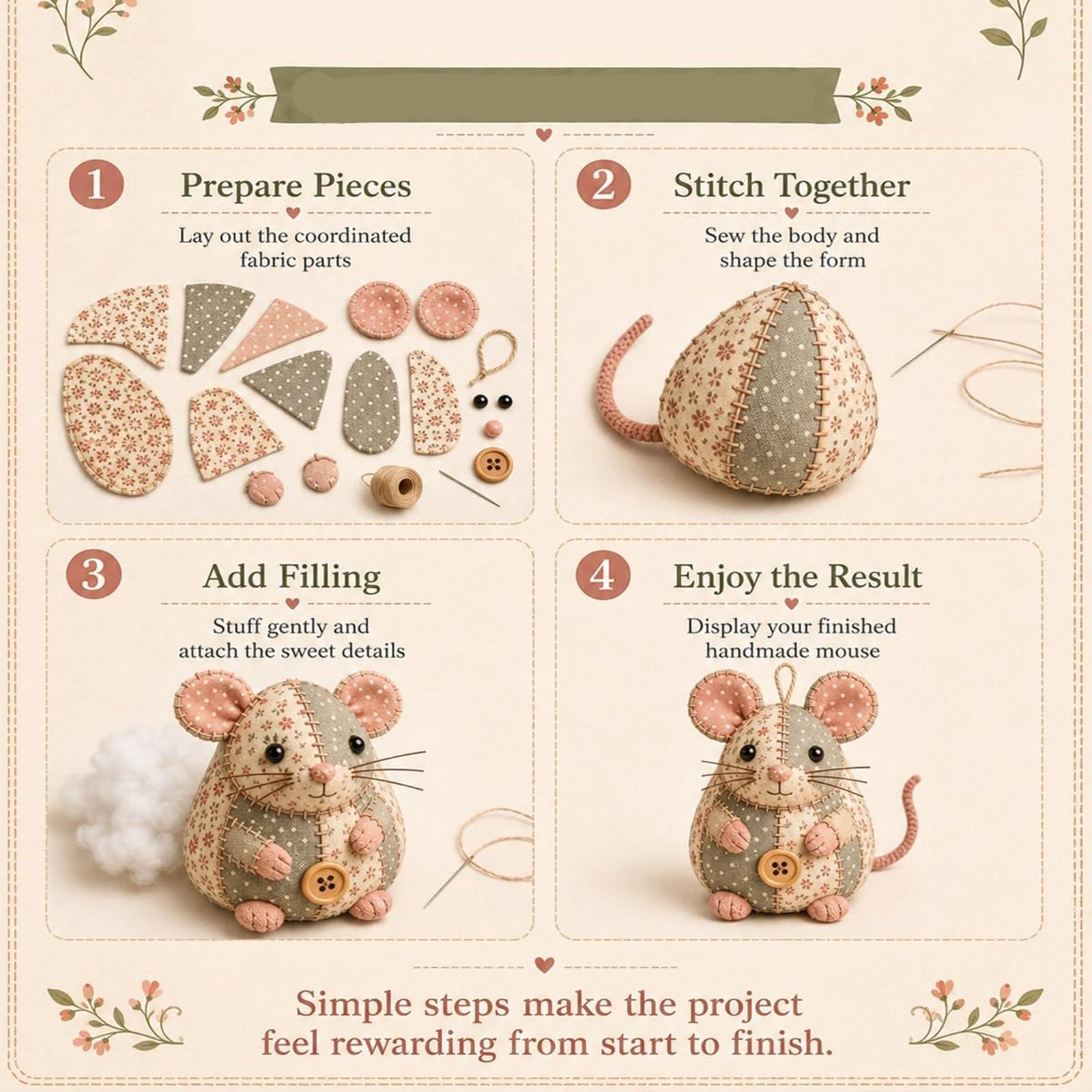 Patchwork-Maus-DIY-Set, handgefertigtes Patchwork-Maus-Nähset, niedliche 3D-Filzmäuse-Patchworks-Tier-Kits, komplettes Stofftierprojekt aus Filz,mit vorgeschnittenen Teilen,Füllung Knöpfen (#all)