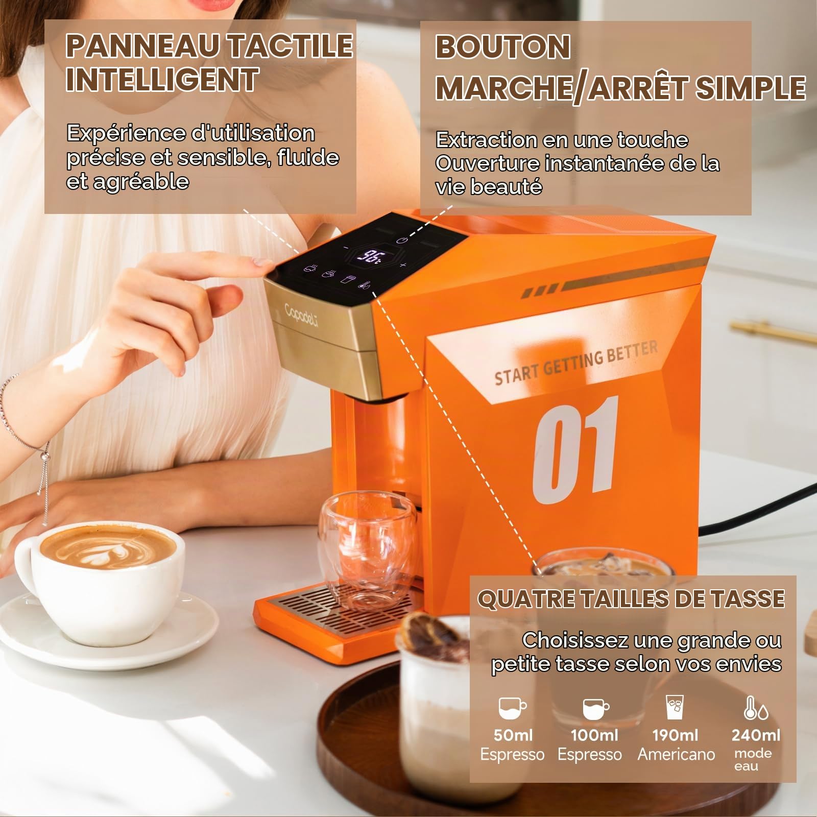 Machine à Expresso Multifonctionnelle 3 en 1, 19 Bar, pour Capsules Nespresso Original/L'OR/Dolce Gusto/Café Moulu (Orange)