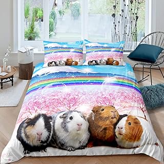 Guinea Pig Bedding Set for Girls Boys Children Cute Cavy Lovely Pet Comforter Cover Rainbow Mountain Landscape Duvet Cover Room Decor Cherry Tree Bedspread Cover Twin Size Bedding Collection 2Pcs